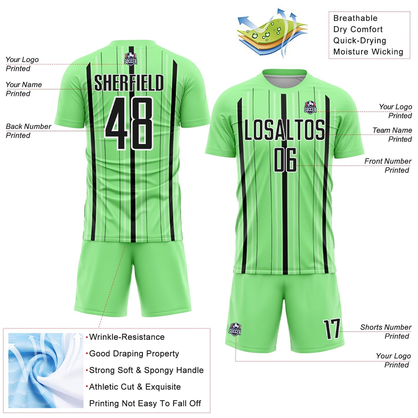 Custom Pea Green Black-White Stripe Sublimation Soccer Uniform Jersey view 4