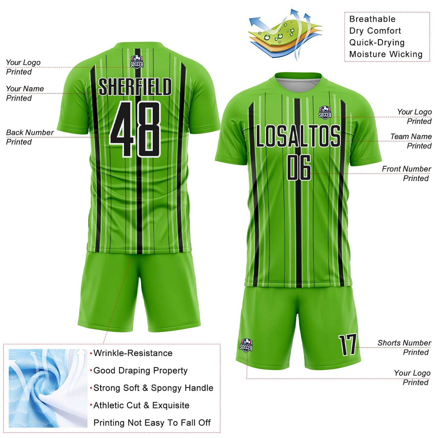 Custom Aurora Green Black-White Stripe Sublimation Soccer Uniform Jersey view 4
