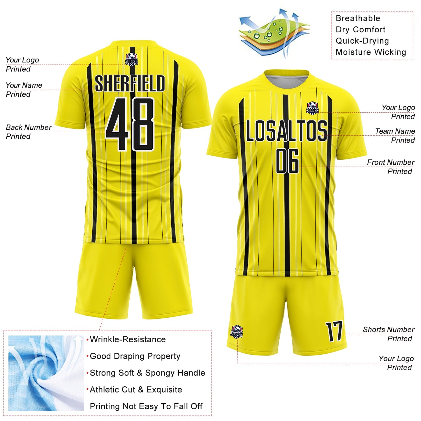 Custom Light Yellow Black-White Stripe Sublimation Soccer Uniform Jersey view 4