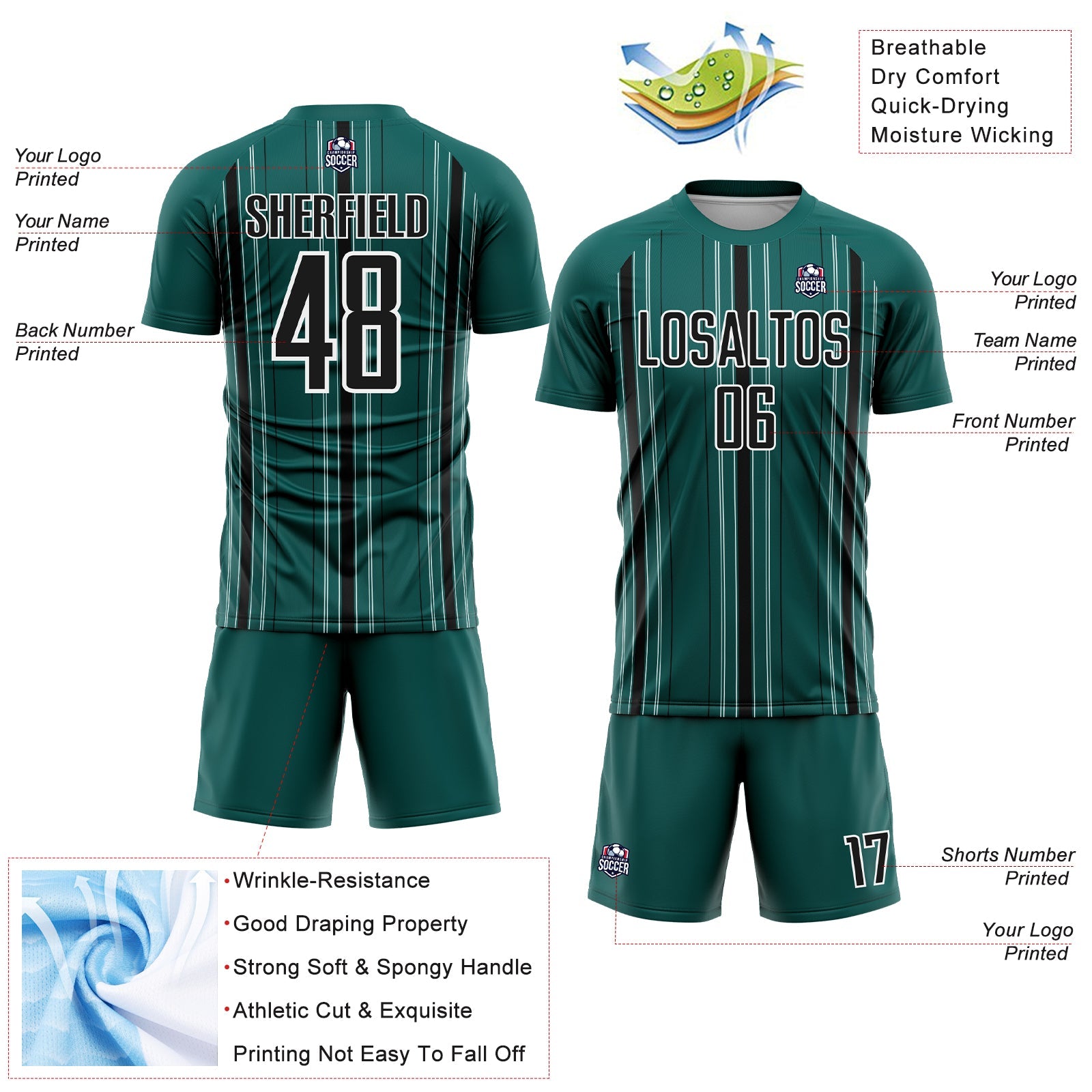Custom Midnight Green Black-White Stripe Sublimation Soccer Uniform Jersey view 4