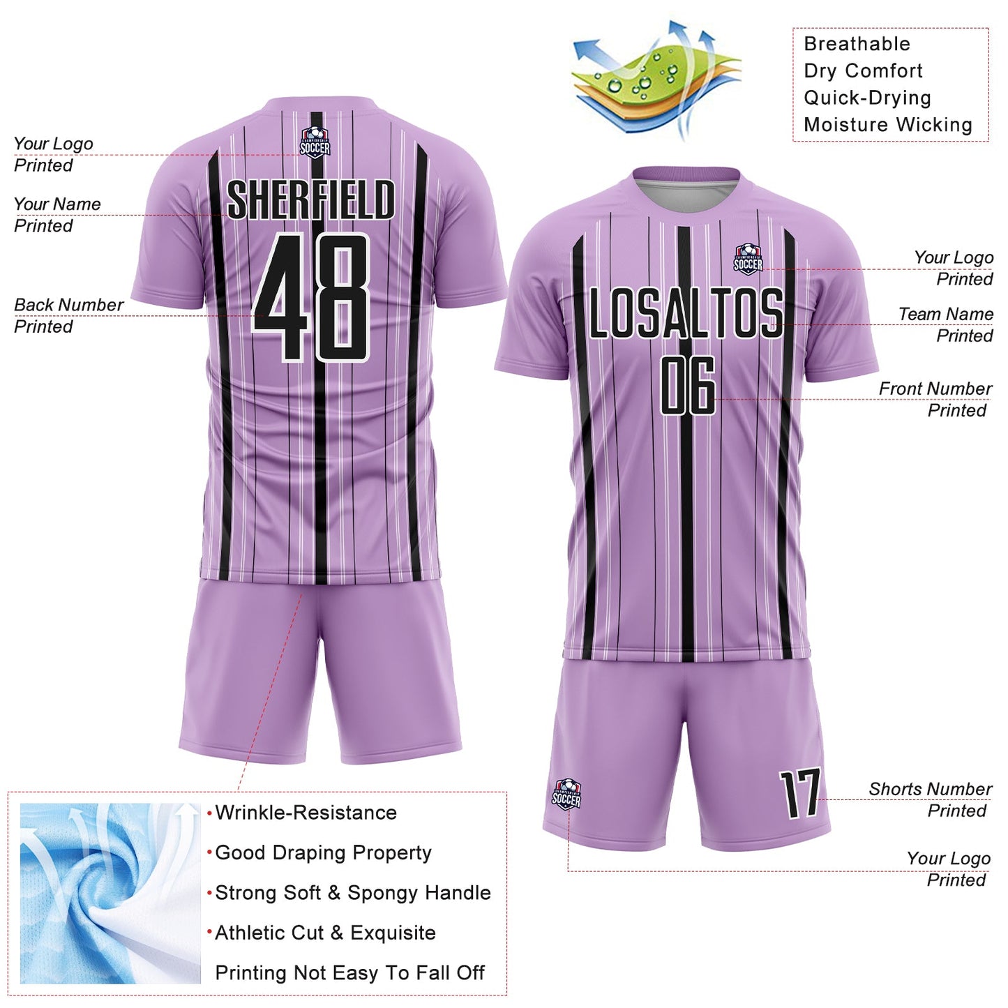 Custom Light Purple Black-White Stripe Sublimation Soccer Uniform Jersey view 4