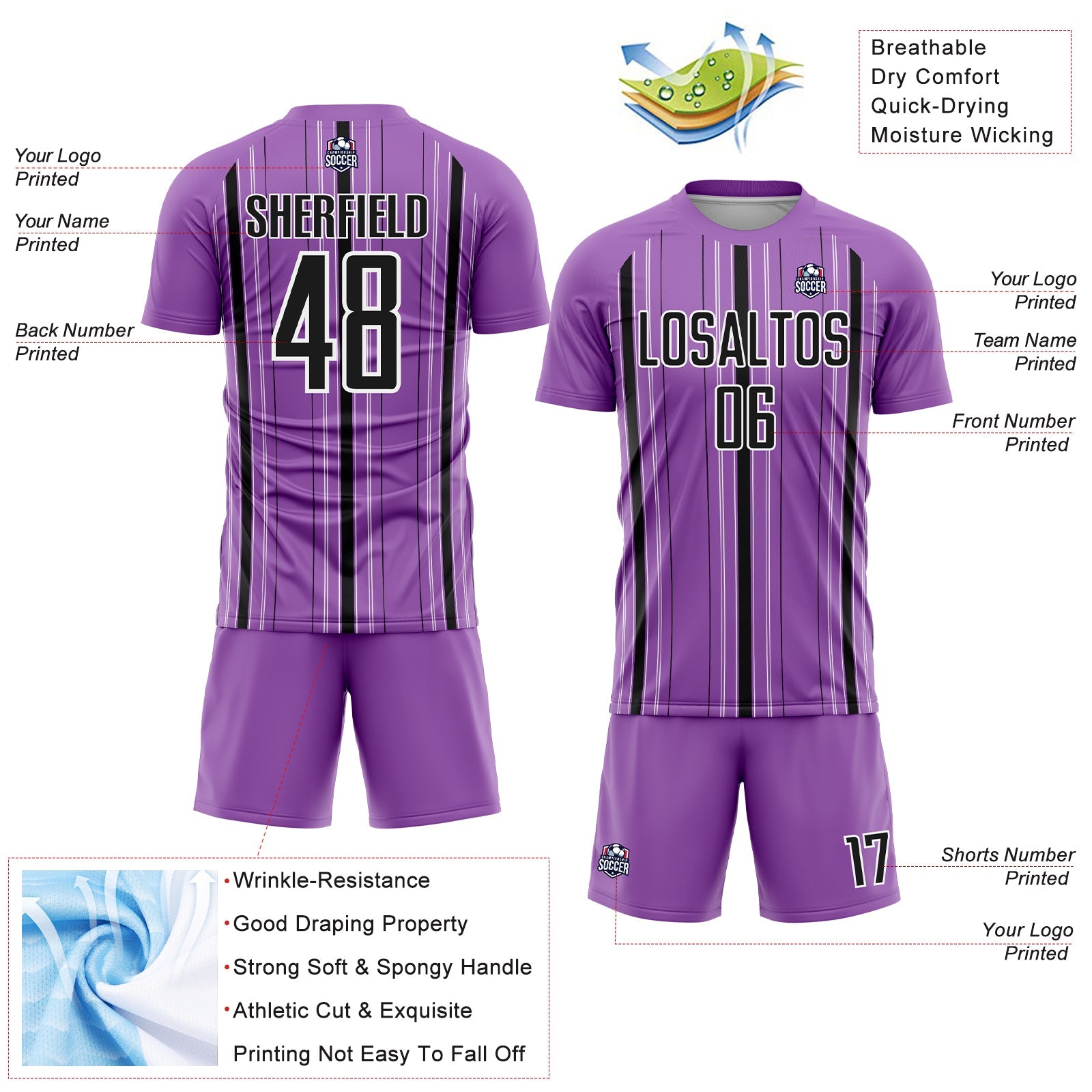 Custom Medium Purple Black-White Stripe Sublimation Soccer Uniform Jersey view 4