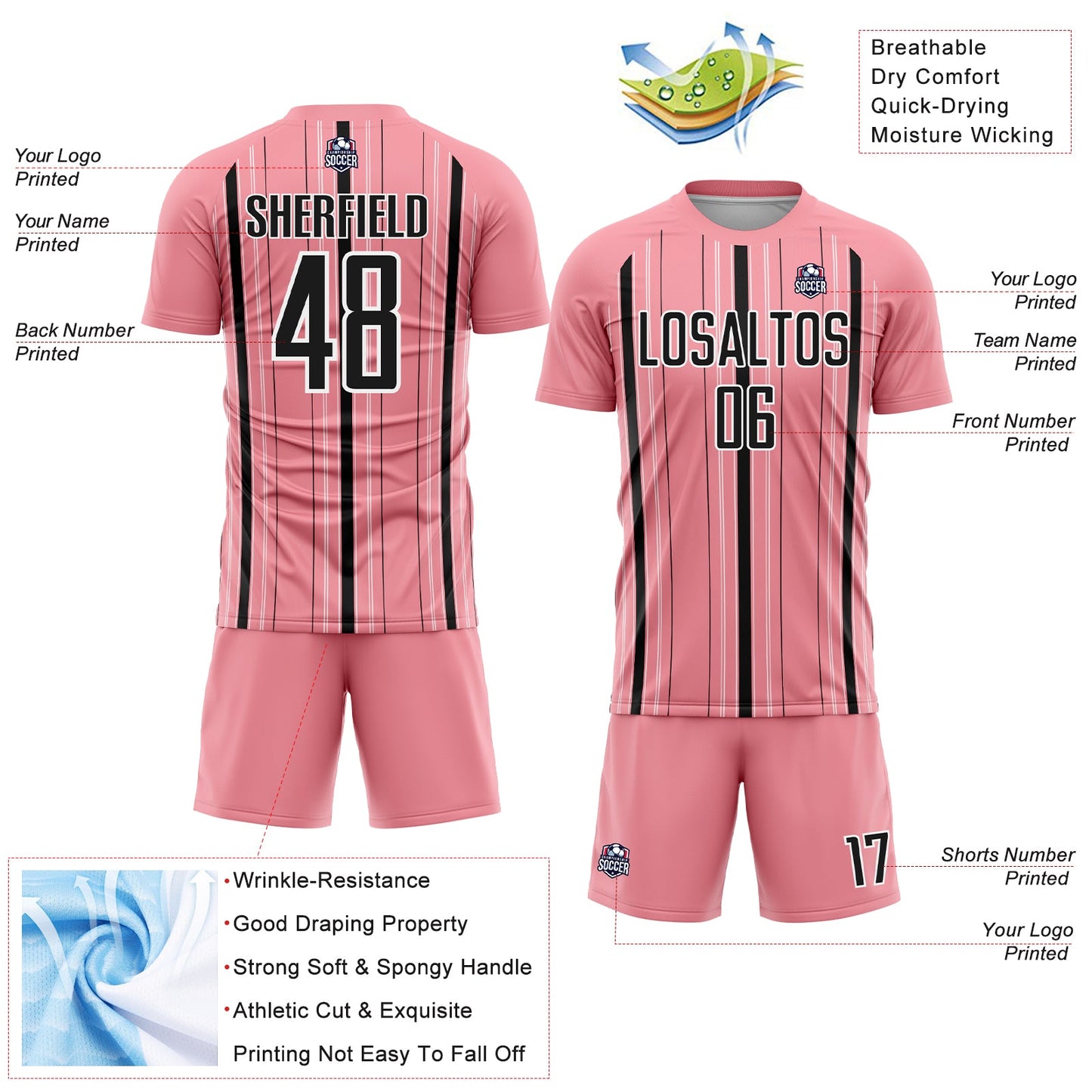 Custom Medium Pink Black-White Stripe Sublimation Soccer Uniform Jersey view 4