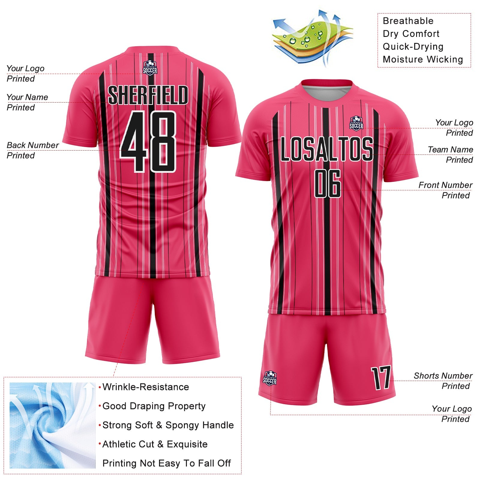 Custom Neon Pink Black-White Stripe Sublimation Soccer Uniform Jersey view 4