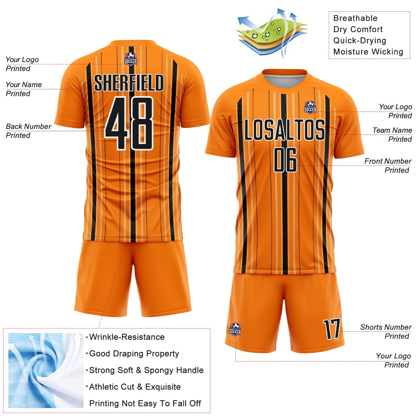 Custom Bay Orange Black-White Stripe Sublimation Soccer Uniform Jersey view 4