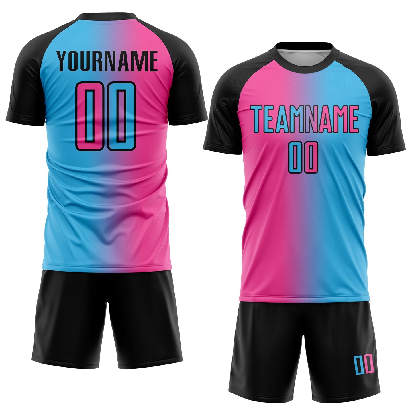 Custom Sky Blue Pink-Black Sublimation Gradient Fashion Soccer Uniform Jersey view 2