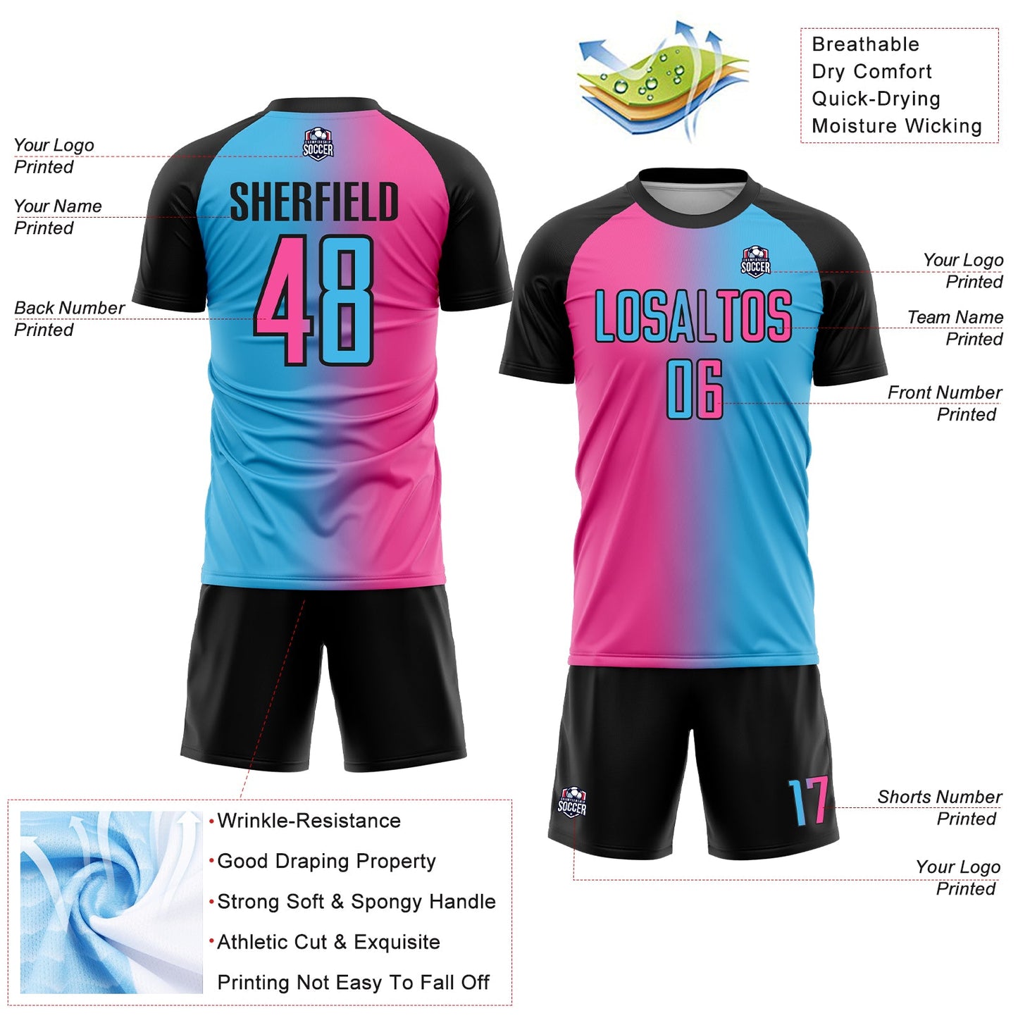 Custom Sky Blue Pink-Black Sublimation Gradient Fashion Soccer Uniform Jersey view 4