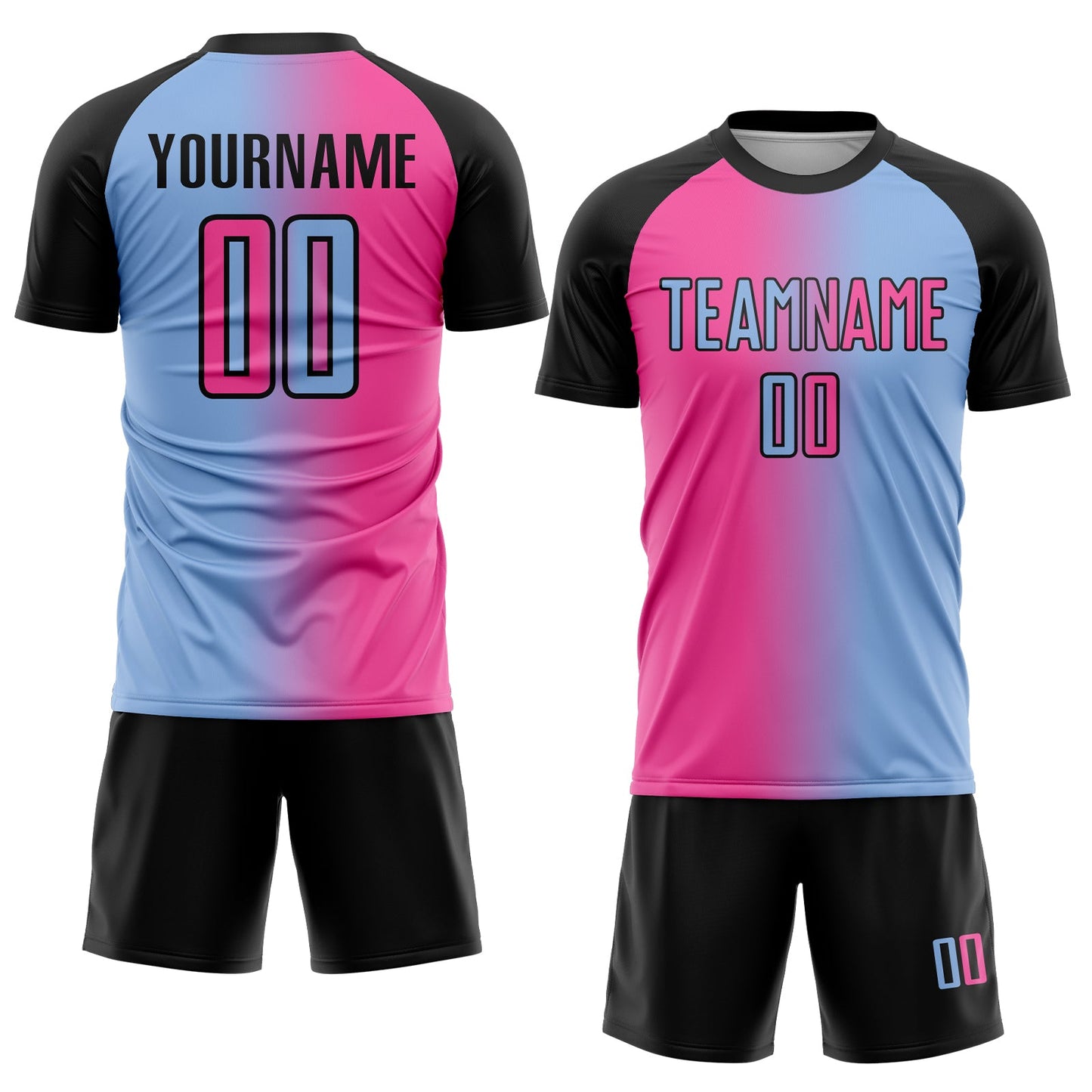 Custom Light Blue Pink-Black Sublimation Gradient Fashion Soccer Uniform Jersey view 2