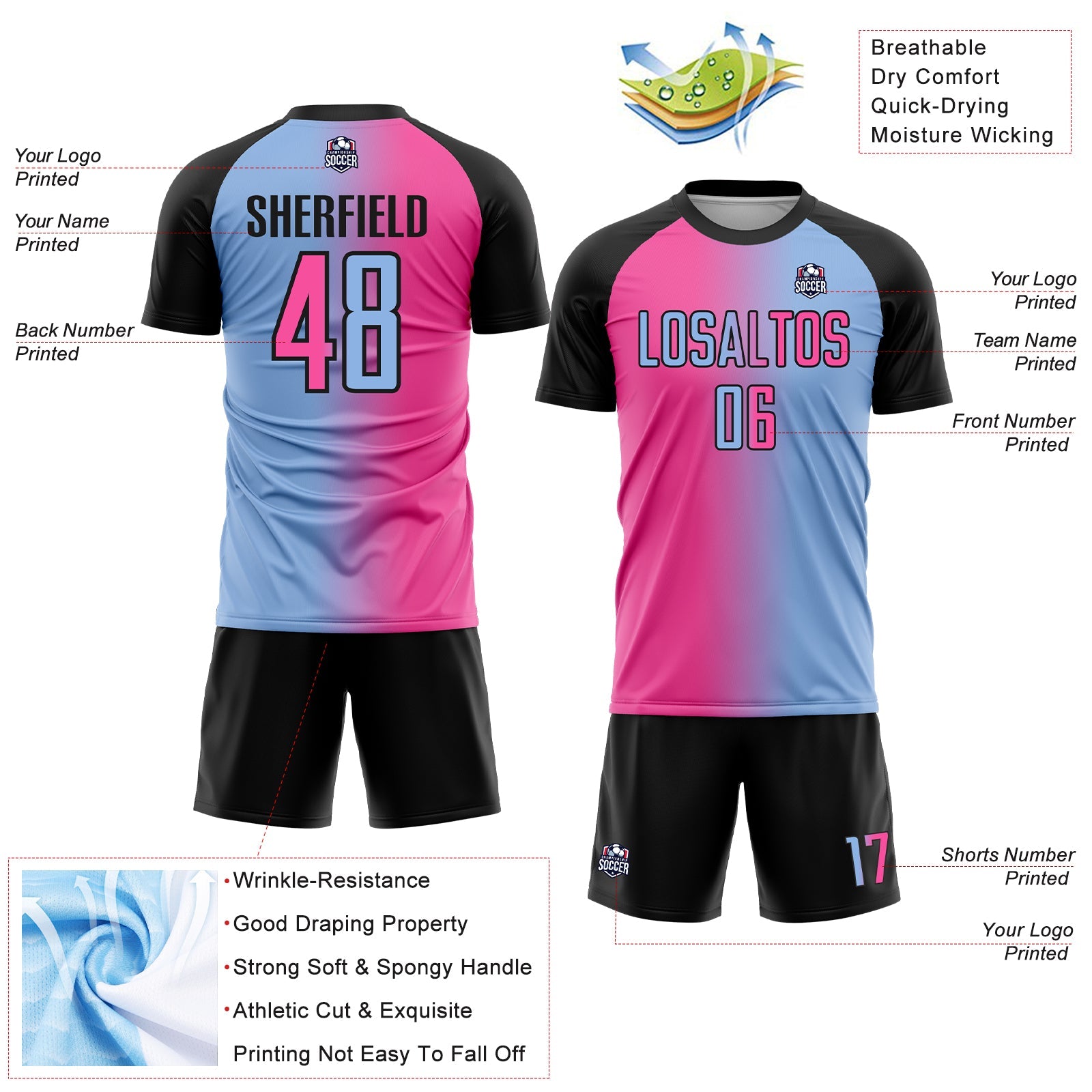 Custom Light Blue Pink-Black Sublimation Gradient Fashion Soccer Uniform Jersey view 4