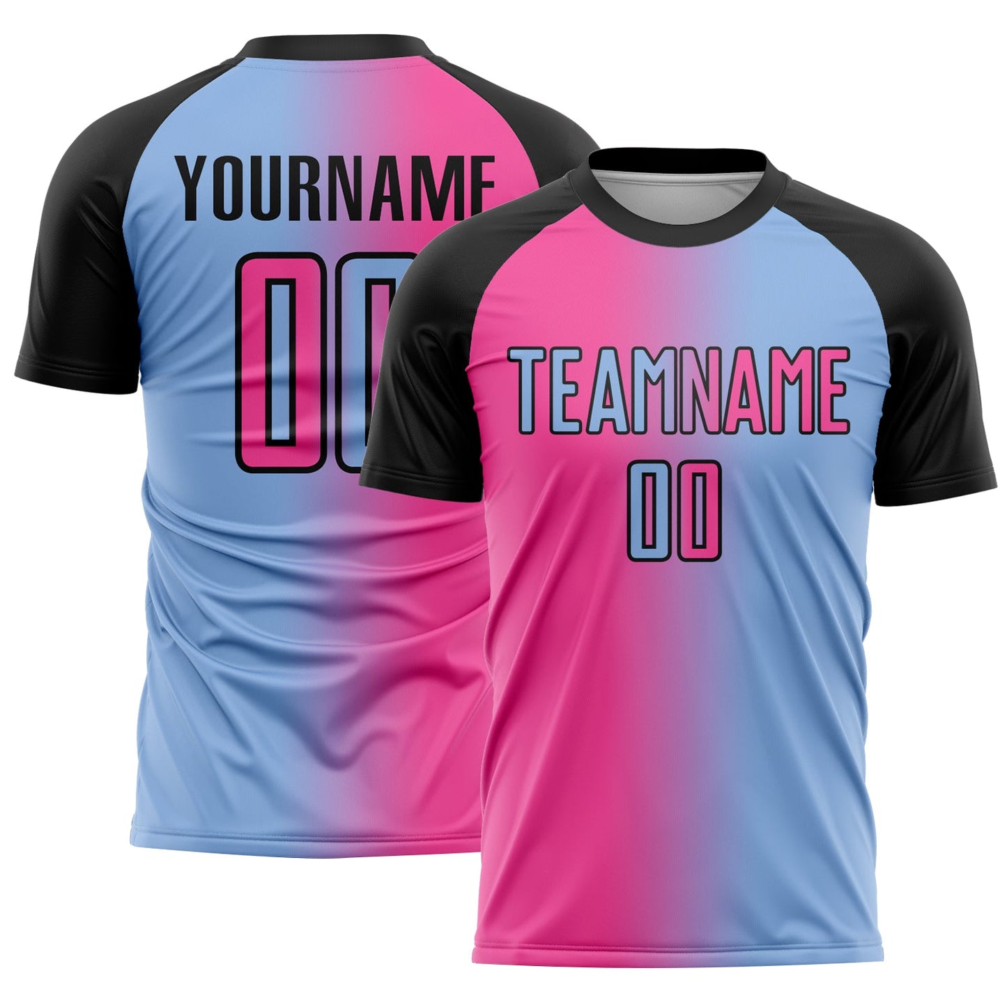Custom Light Blue Pink-Black Sublimation Gradient Fashion Soccer Uniform Jersey - Main View