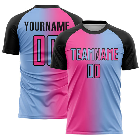 Custom Light Blue Pink-Black Sublimation Gradient Fashion Soccer Uniform Jersey - Main View