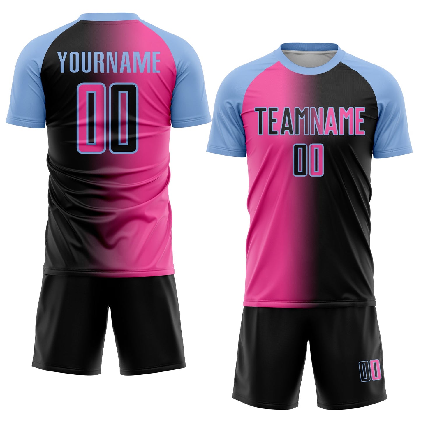 Custom Black Pink-Light Blue Sublimation Gradient Fashion Soccer Uniform Jersey view 2