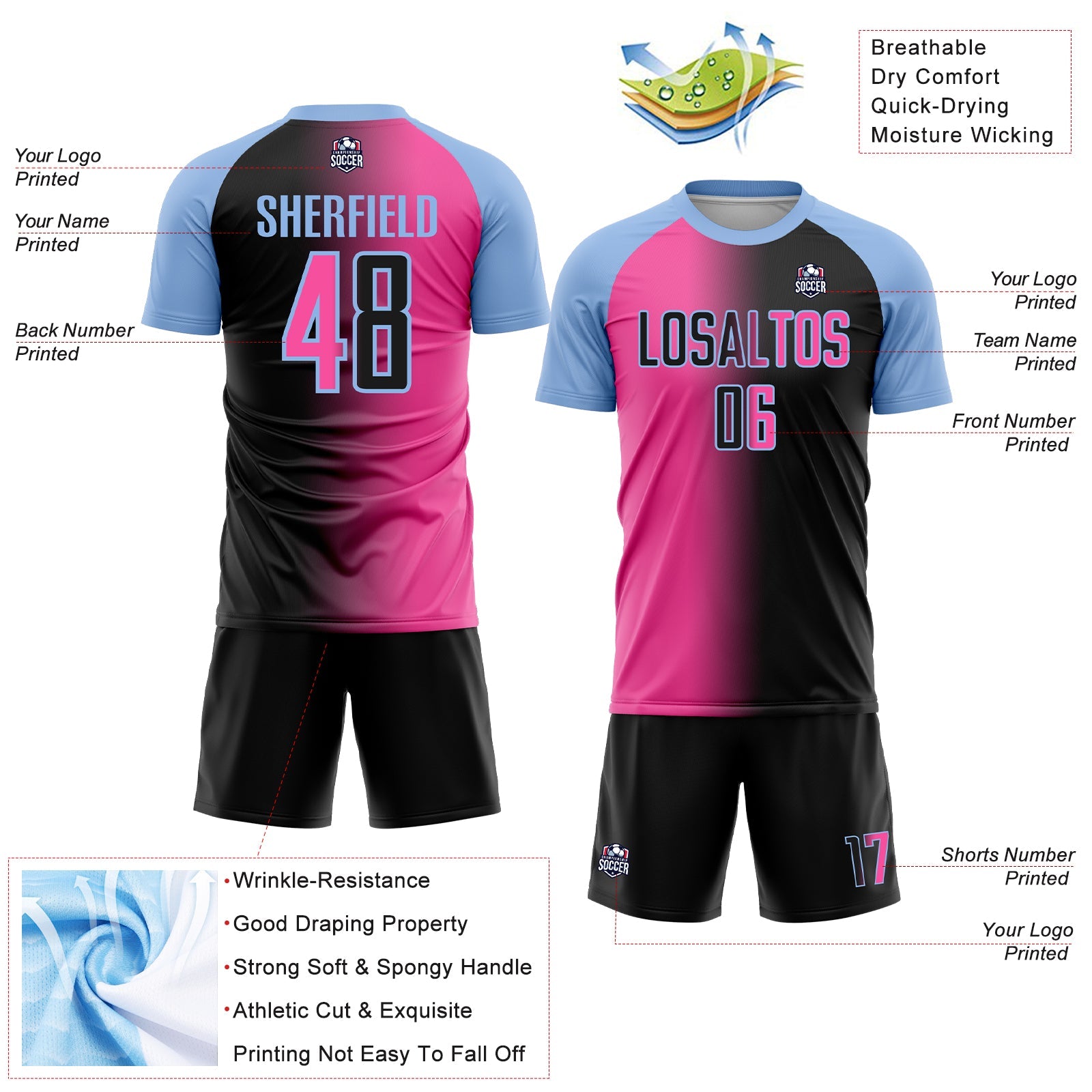 Custom Black Pink-Light Blue Sublimation Gradient Fashion Soccer Uniform Jersey view 4