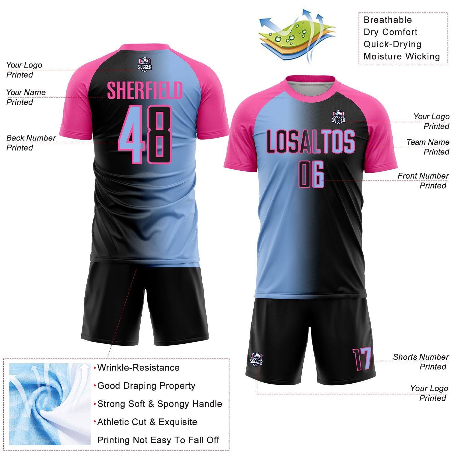 Custom Black Light Blue-Pink Sublimation Gradient Fashion Soccer Uniform Jersey view 4