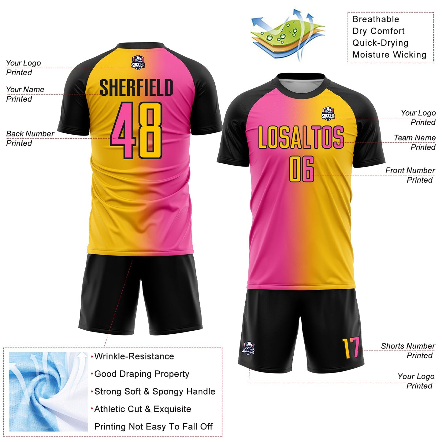 Custom Yellow Pink-Black Sublimation Gradient Fashion Soccer Uniform Jersey view 4