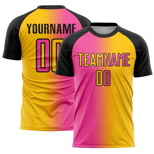 Custom Yellow Pink-Black Sublimation Gradient Fashion Soccer Uniform Jersey - Main View