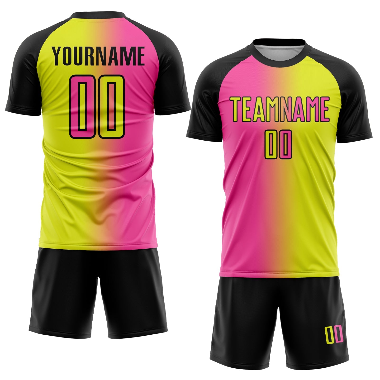 Custom Neon Yellow Pink-Black Sublimation Gradient Fashion Soccer Uniform Jersey view 2