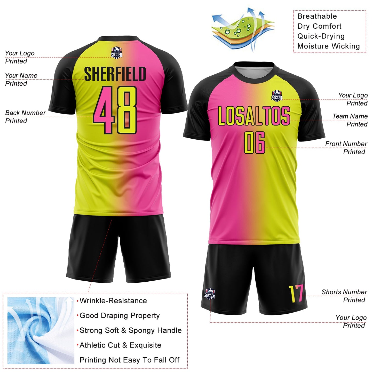 Custom Neon Yellow Pink-Black Sublimation Gradient Fashion Soccer Uniform Jersey view 4