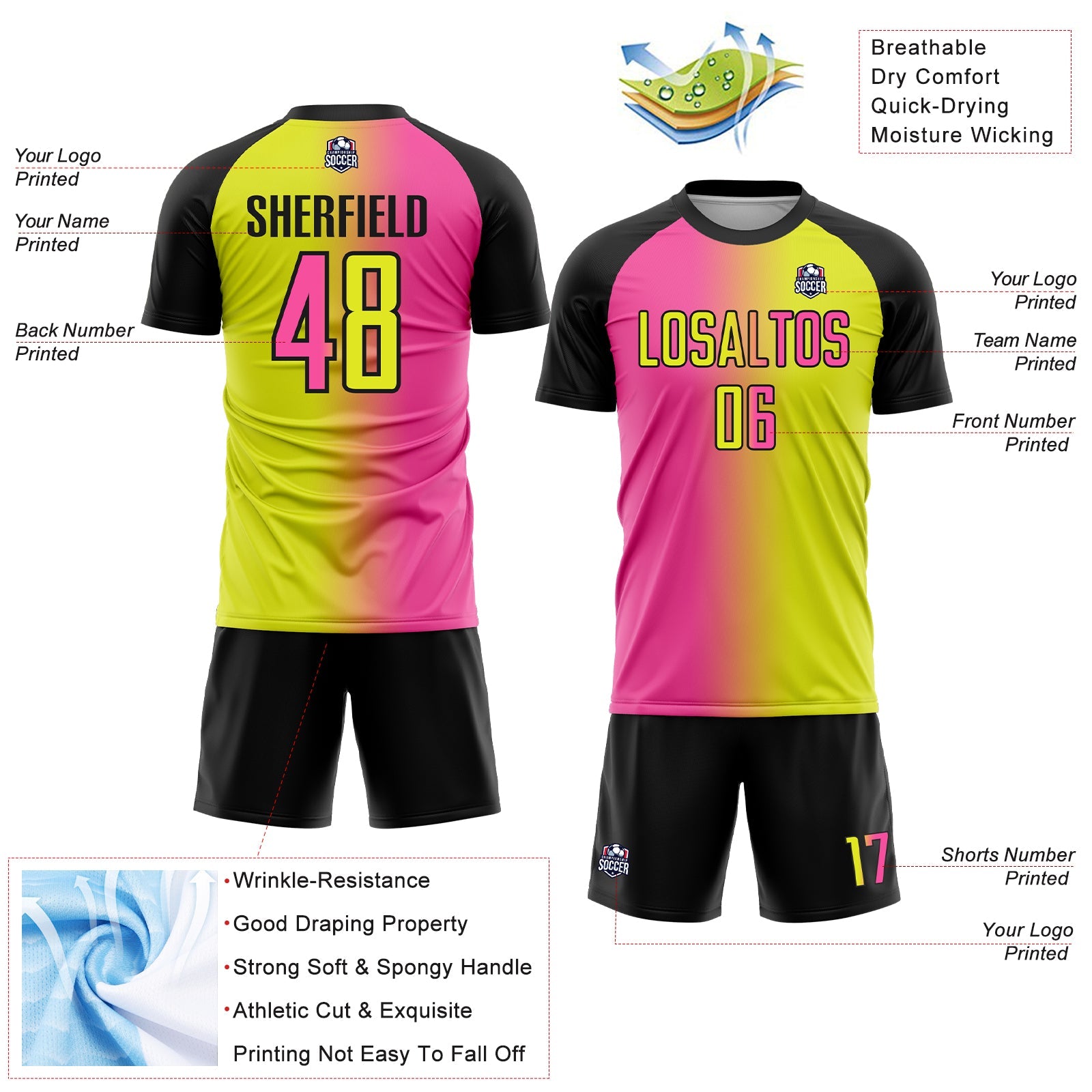 Custom Neon Yellow Pink-Black Sublimation Gradient Fashion Soccer Uniform Jersey view 4