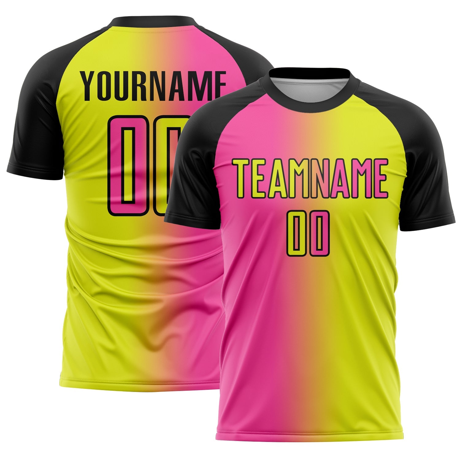 Custom Neon Yellow Pink-Black Sublimation Gradient Fashion Soccer Uniform Jersey - Main View