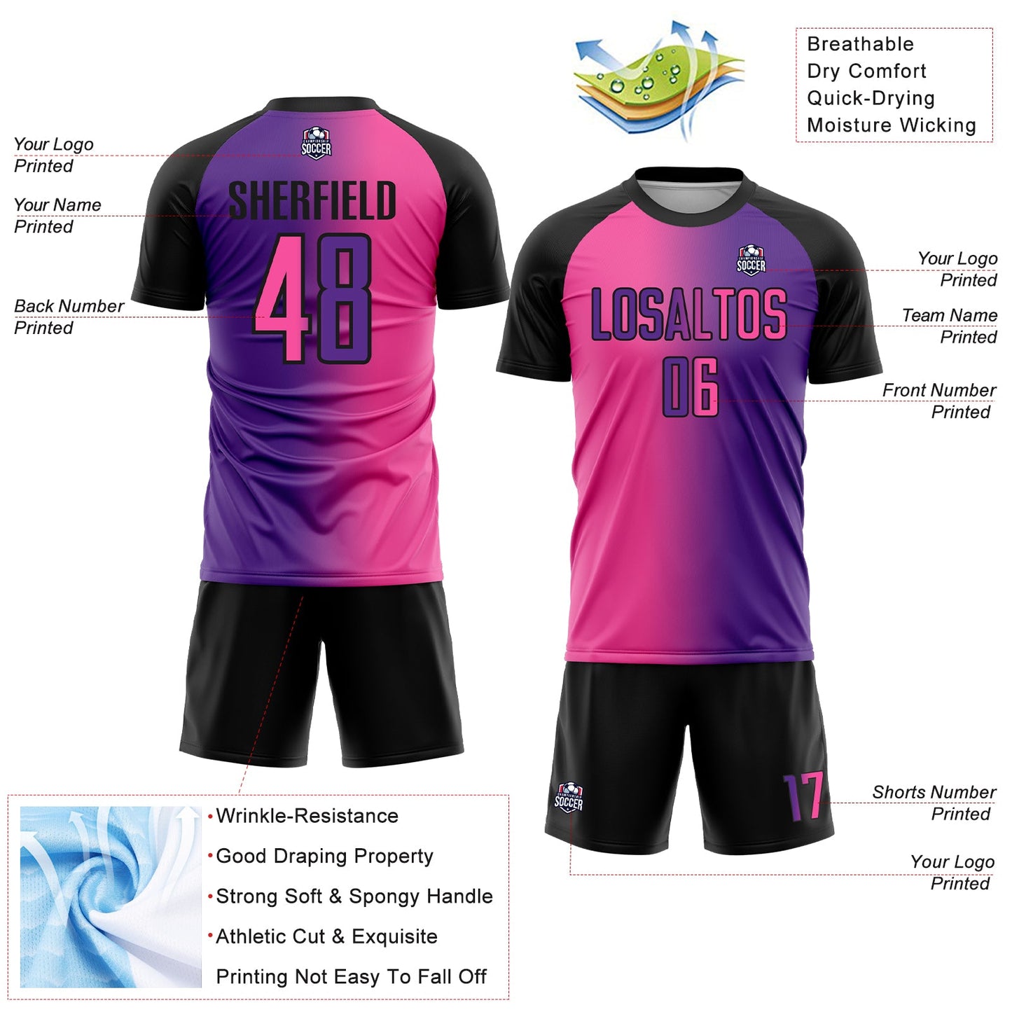 Custom Purple Pink-Black Sublimation Gradient Fashion Soccer Uniform Jersey view 4