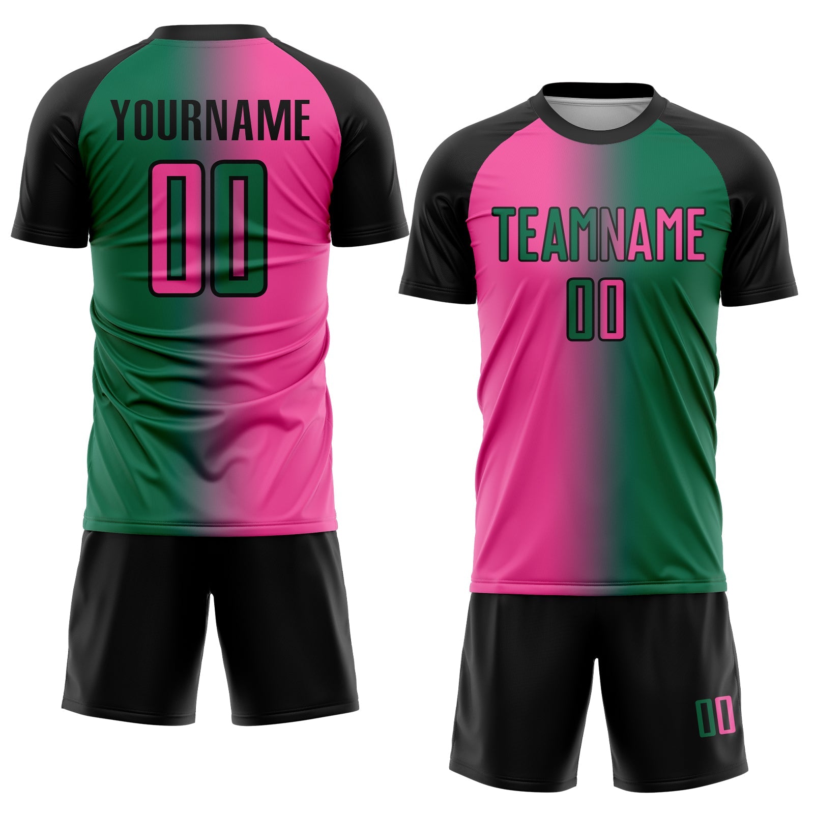 Custom Kelly Green Pink-Black Sublimation Gradient Fashion Soccer Uniform Jersey view 2