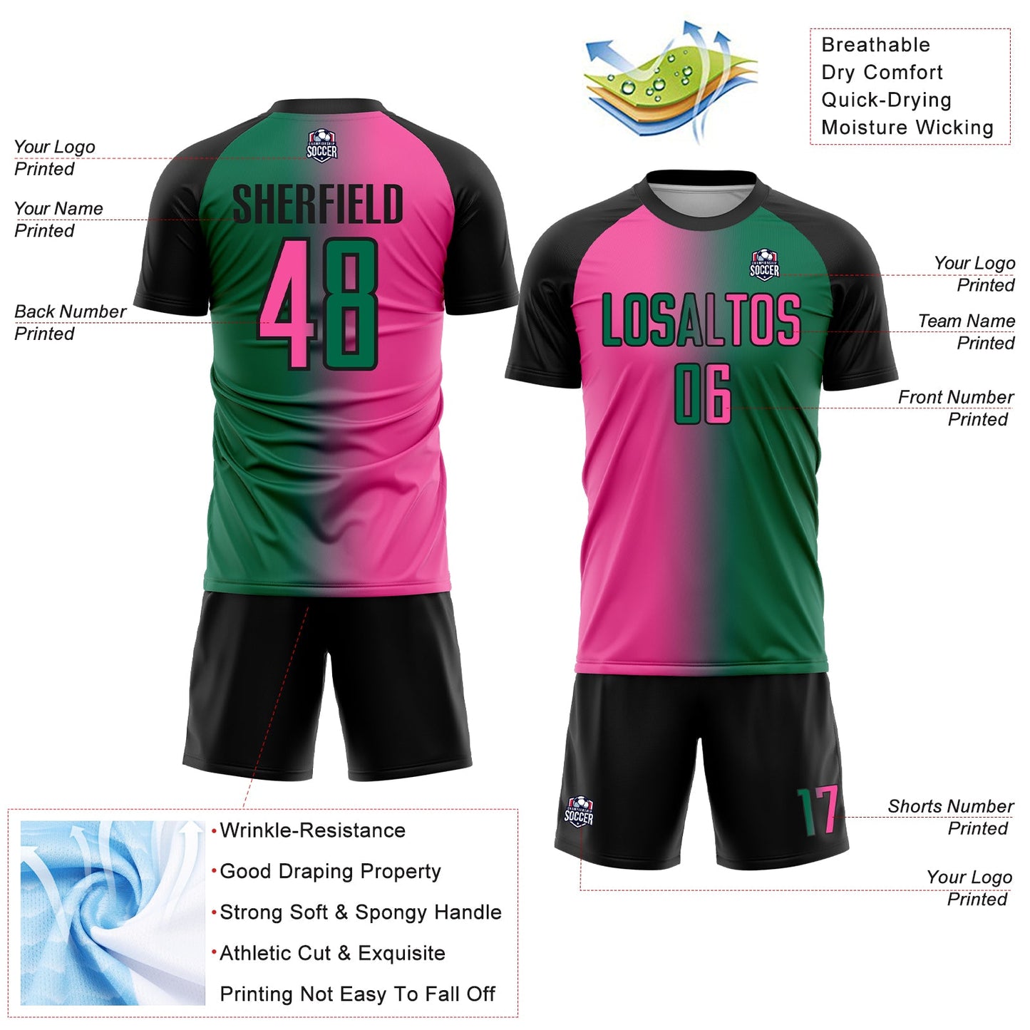 Custom Kelly Green Pink-Black Sublimation Gradient Fashion Soccer Uniform Jersey view 4