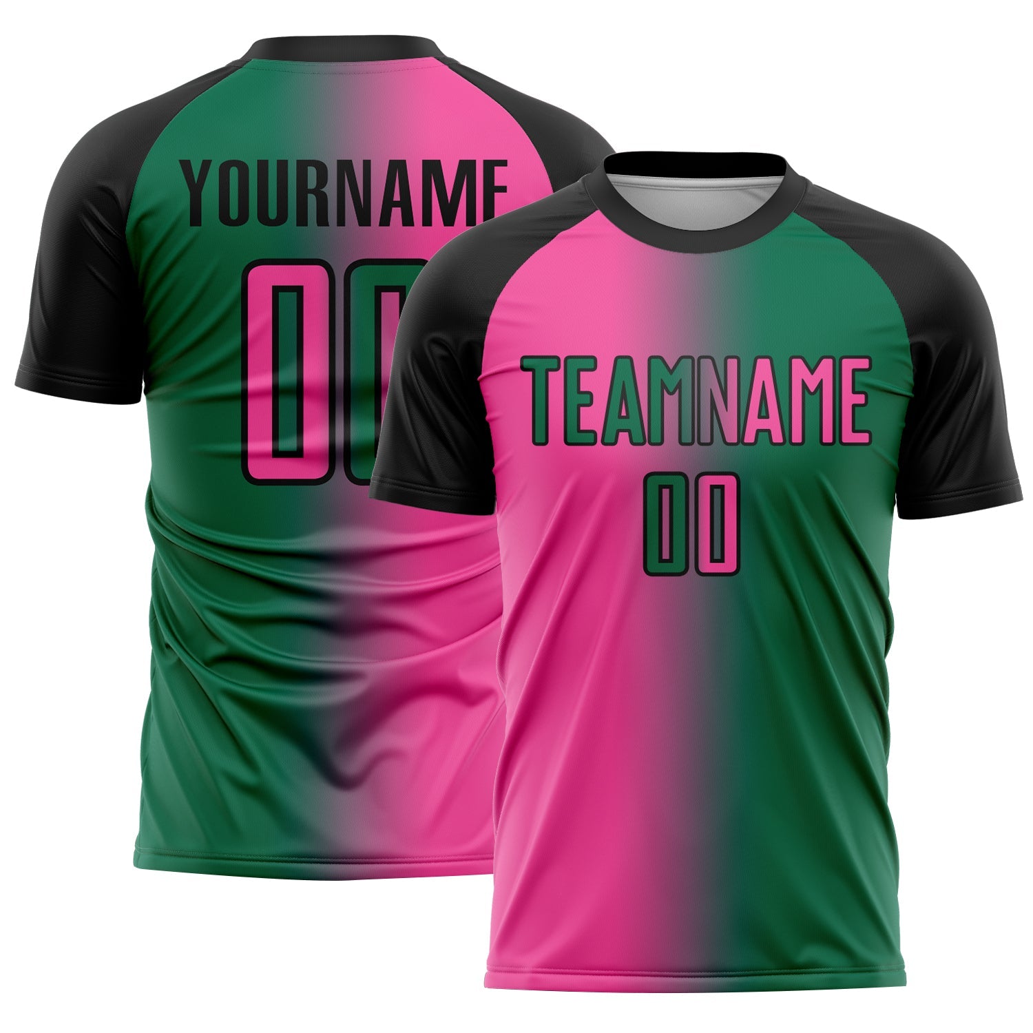Custom Kelly Green Pink-Black Sublimation Gradient Fashion Soccer Uniform Jersey - Main View