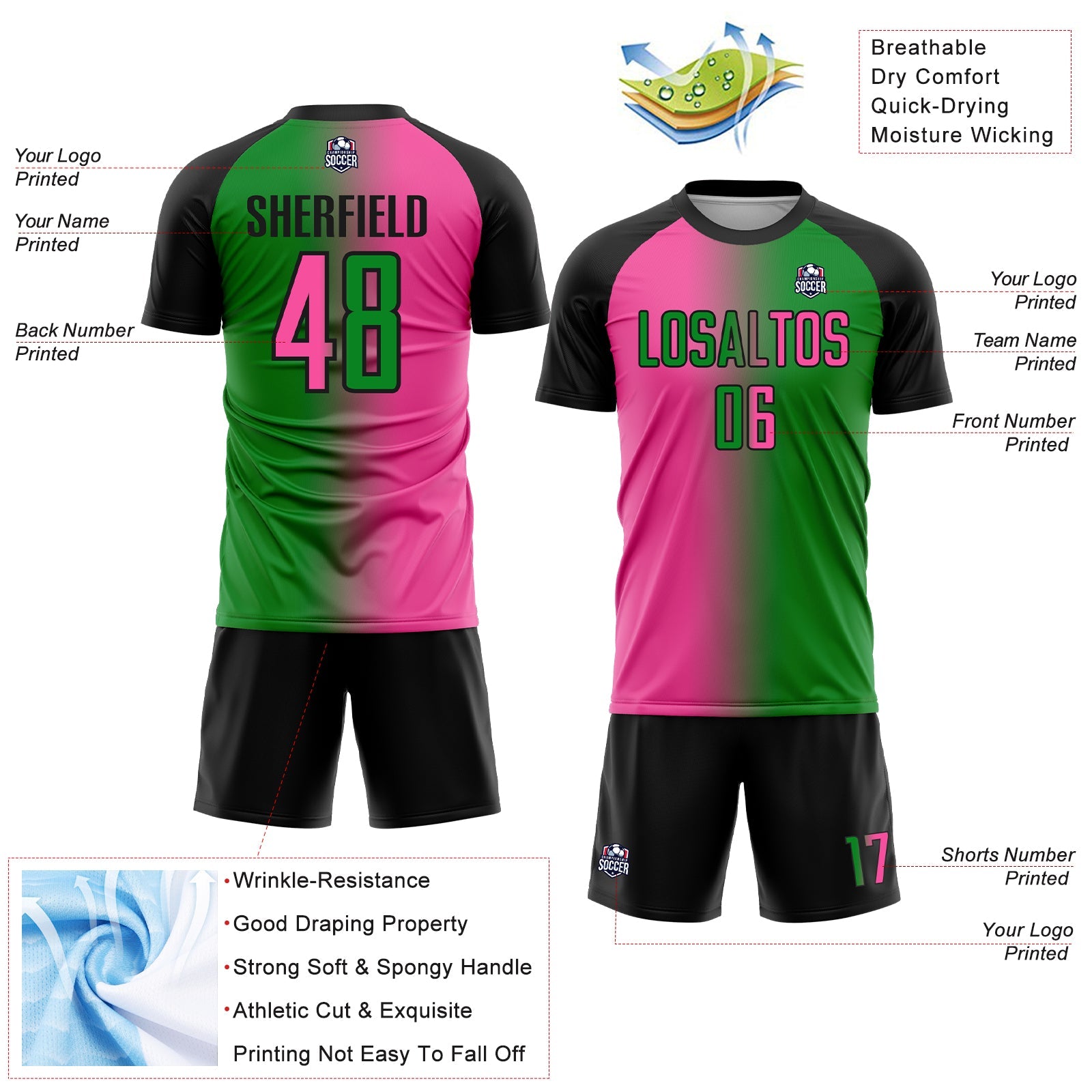Custom Grass Green Pink-Black Sublimation Gradient Fashion Soccer Uniform Jersey view 4