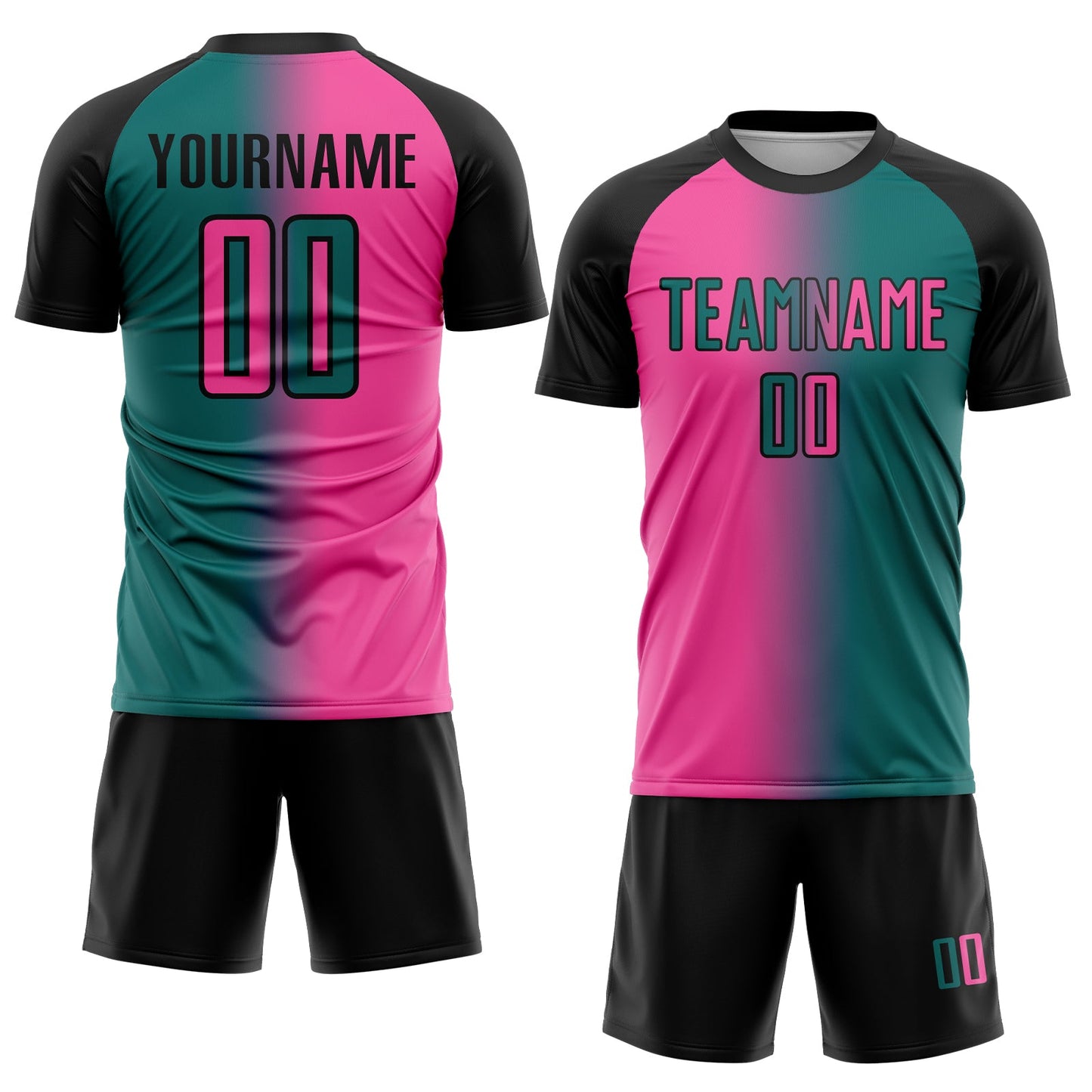 Custom Teal Pink-Black Sublimation Gradient Fashion Soccer Uniform Jersey view 2