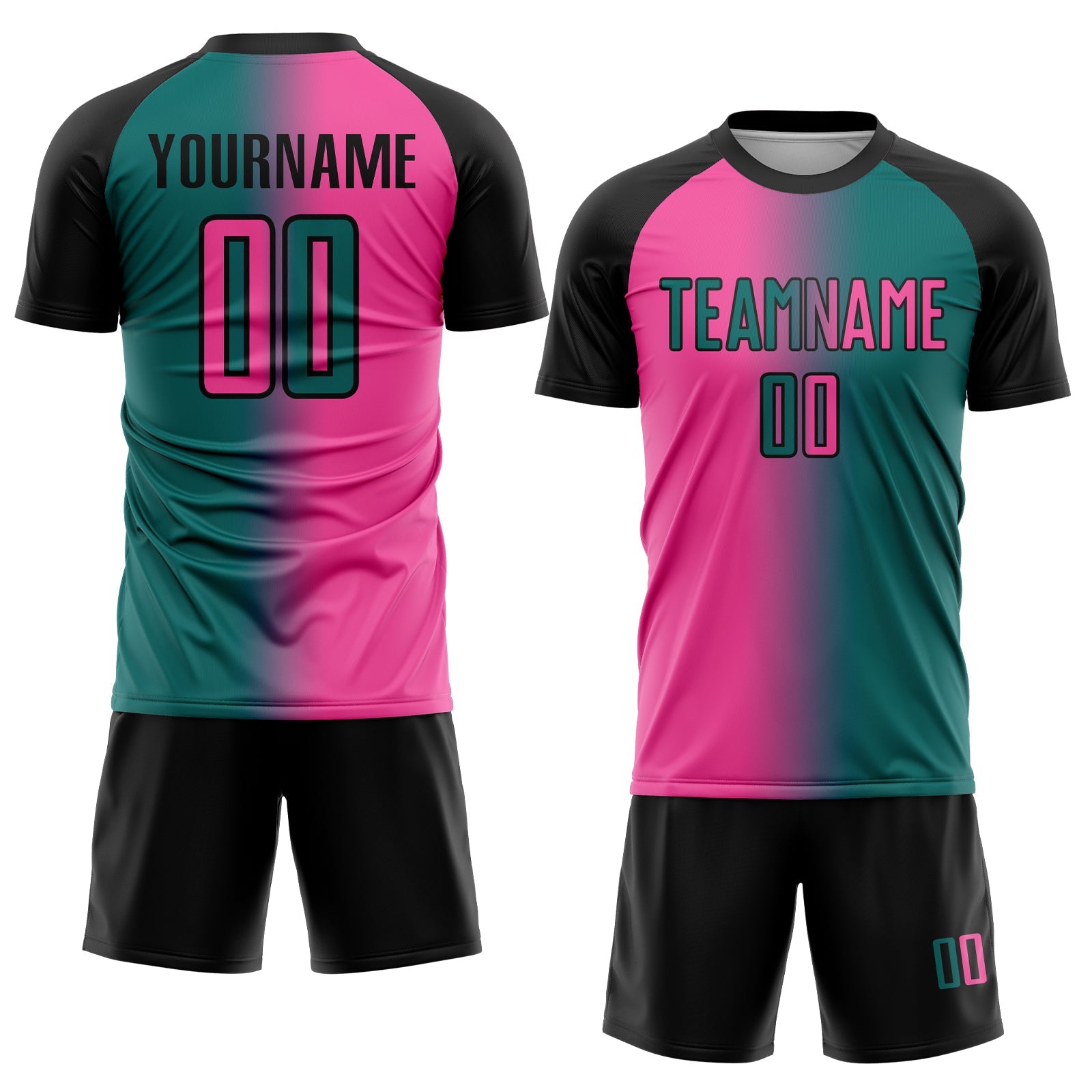 Custom Teal Pink-Black Sublimation Gradient Fashion Soccer Uniform Jersey view 2