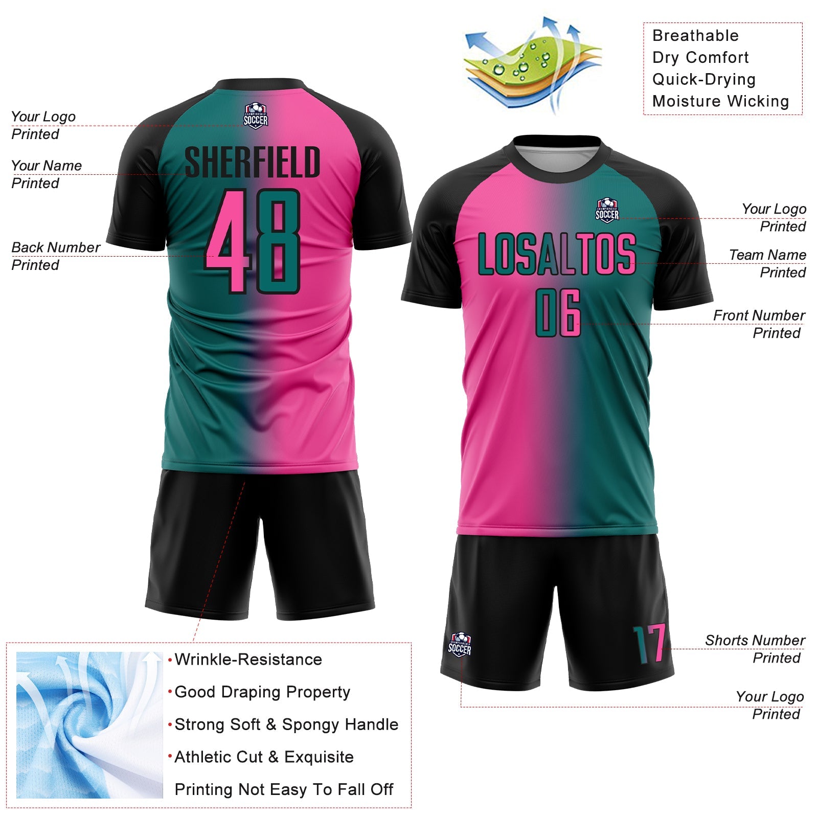 Custom Teal Pink-Black Sublimation Gradient Fashion Soccer Uniform Jersey view 4