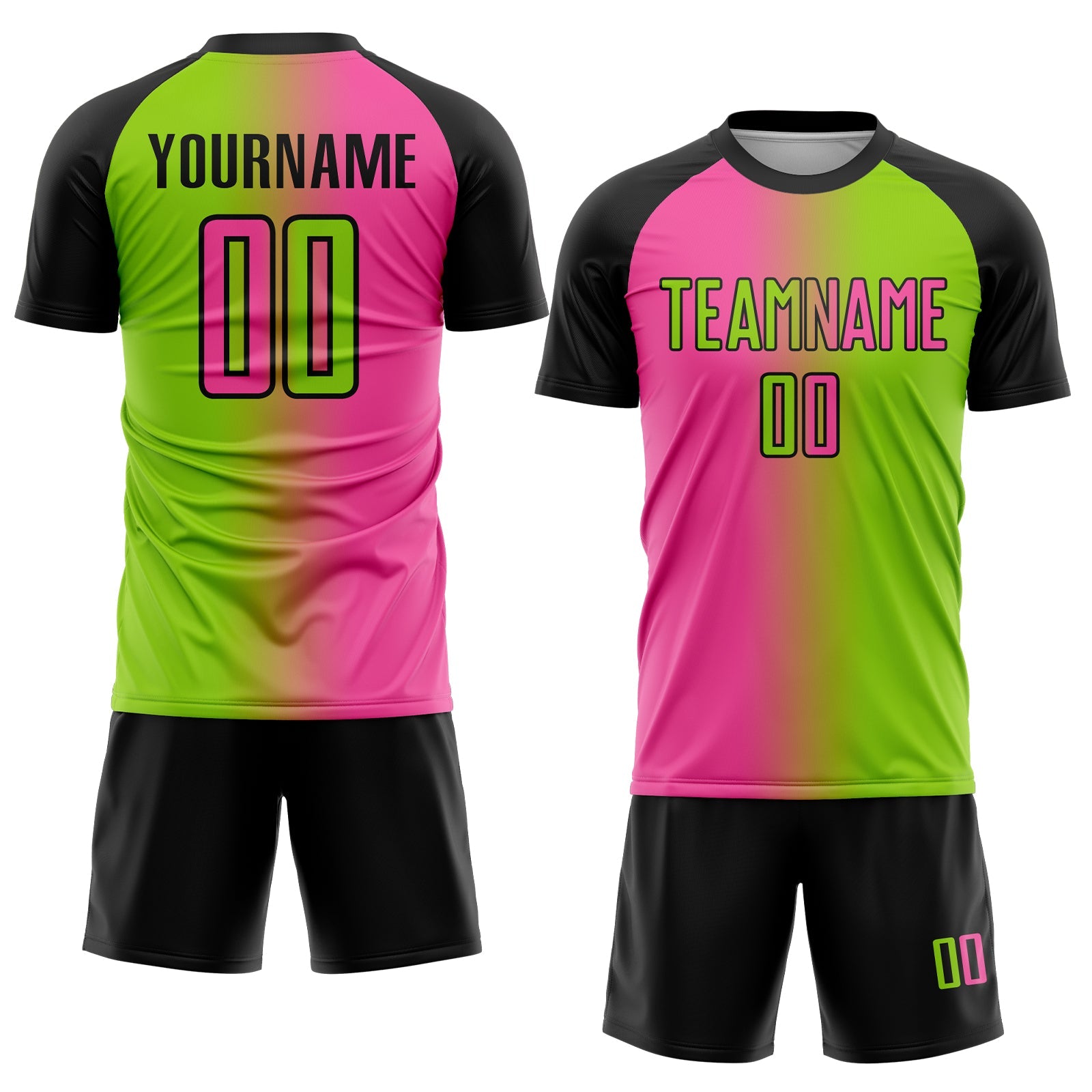 Custom Neon Green Pink-Black Sublimation Gradient Fashion Soccer Uniform Jersey view 2