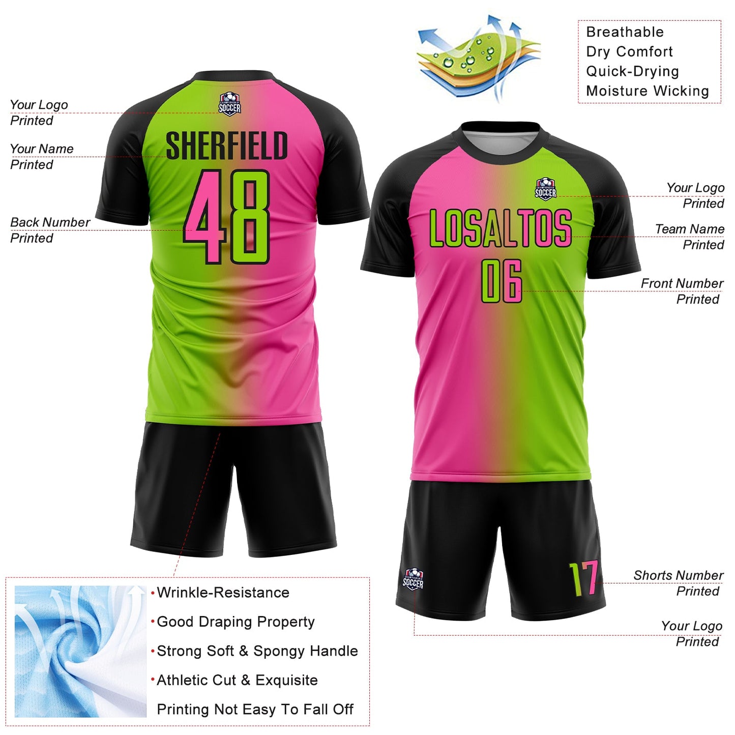 Custom Neon Green Pink-Black Sublimation Gradient Fashion Soccer Uniform Jersey view 4