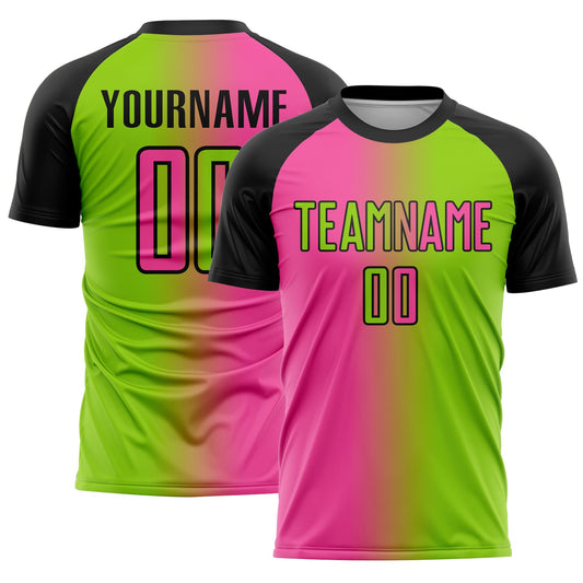 Custom Neon Green Pink-Black Sublimation Gradient Fashion Soccer Uniform Jersey - Main View