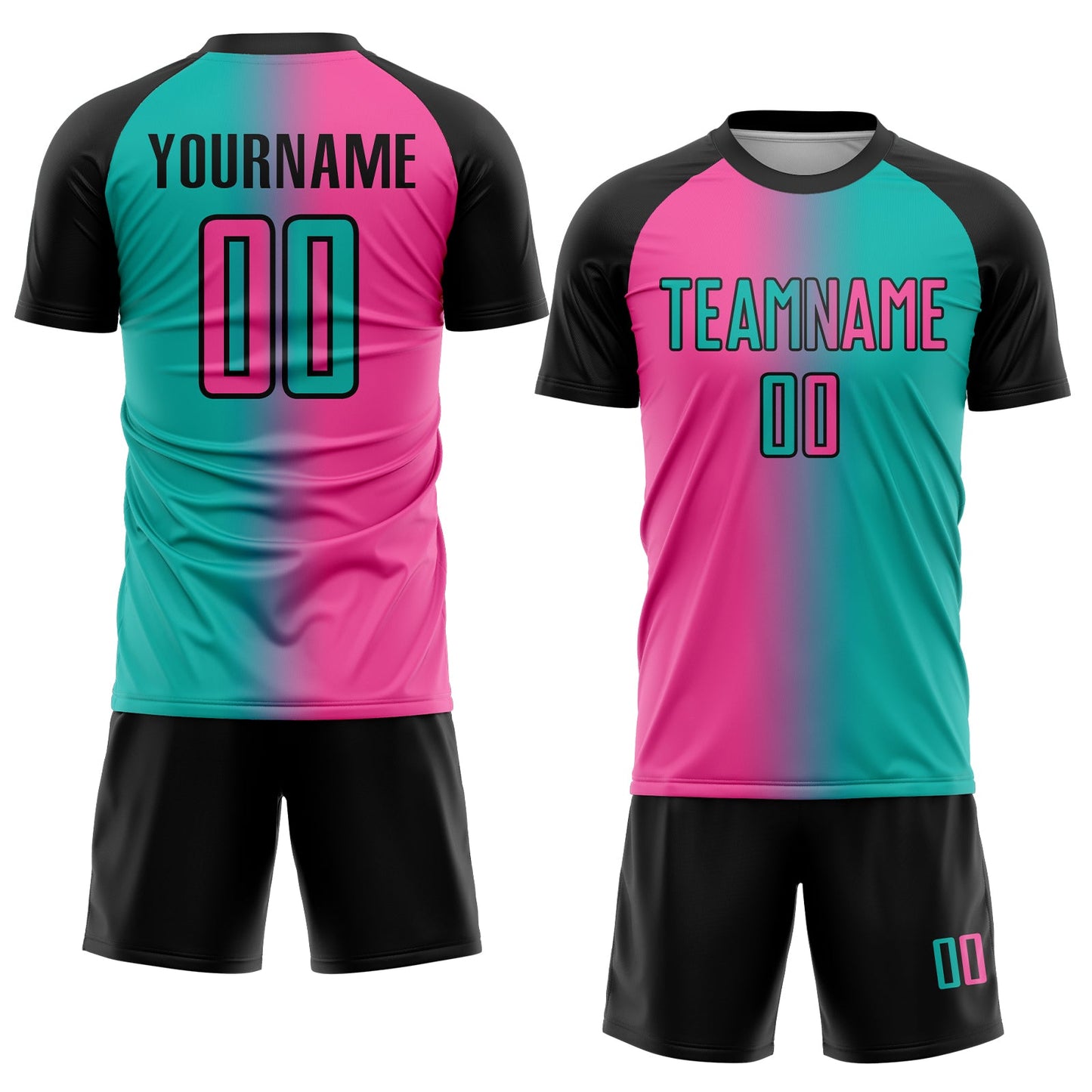 Custom Aqua Pink-Black Sublimation Gradient Fashion Soccer Uniform Jersey view 2