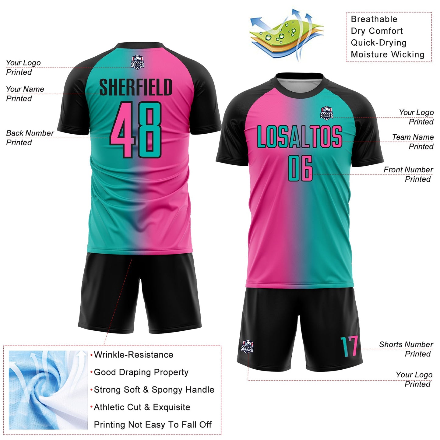 Custom Aqua Pink-Black Sublimation Gradient Fashion Soccer Uniform Jersey view 4