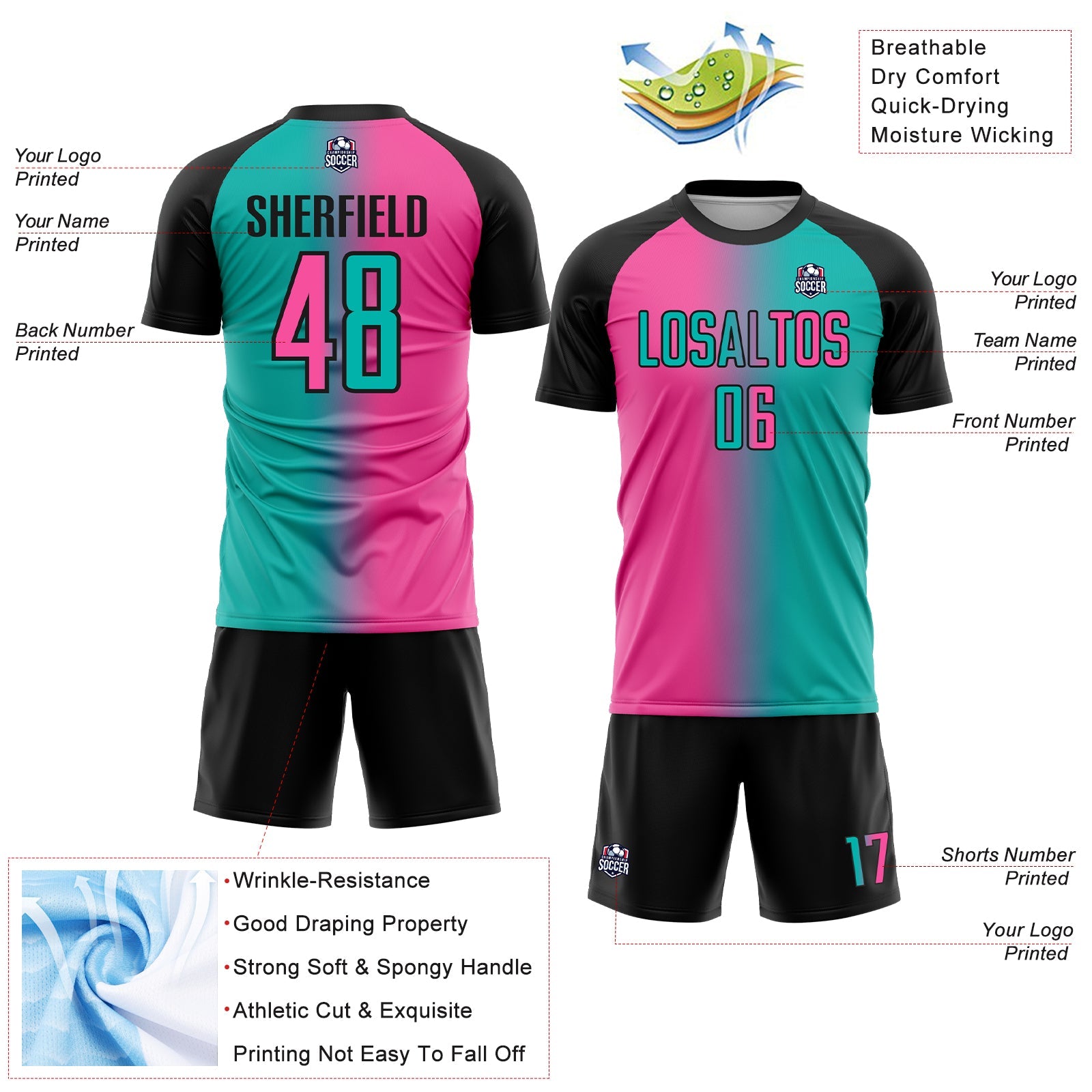 Custom Aqua Pink-Black Sublimation Gradient Fashion Soccer Uniform Jersey view 4