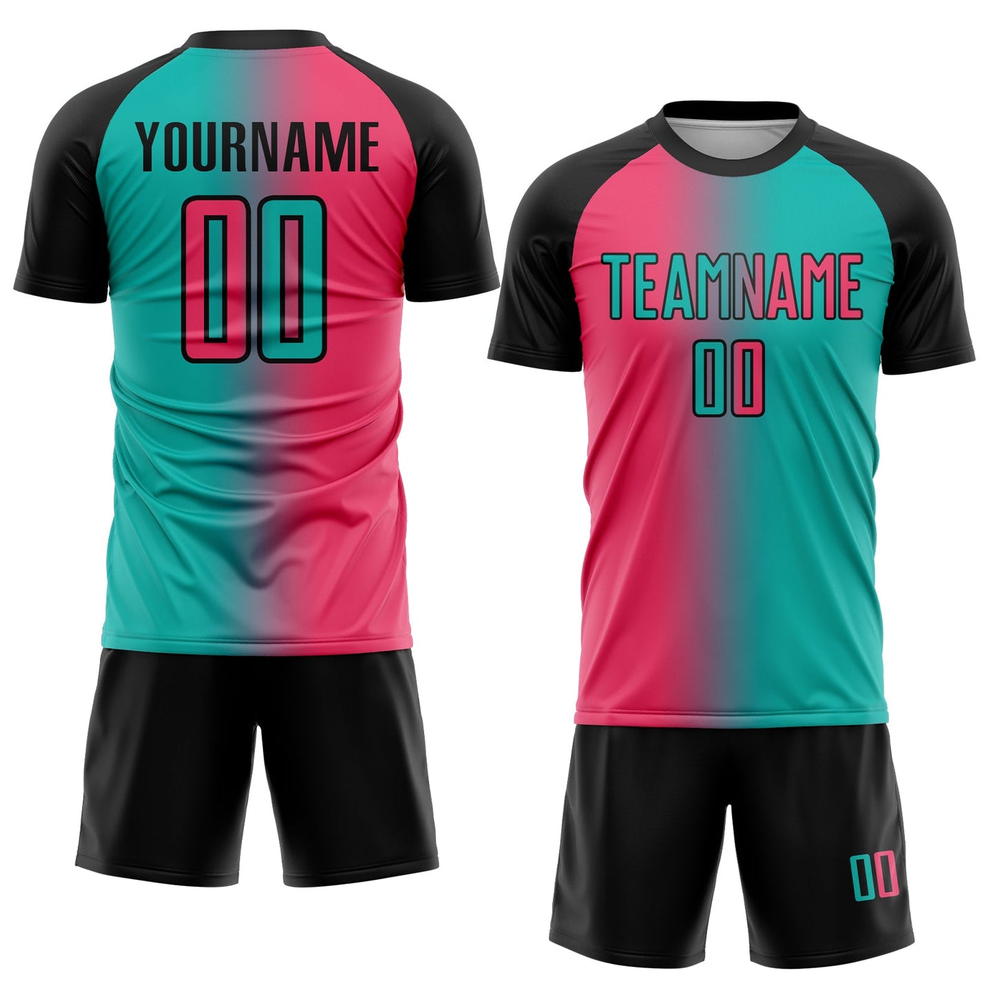 Custom Aqua Neon Pink-Black Sublimation Gradient Fashion Soccer Uniform Jersey view 2