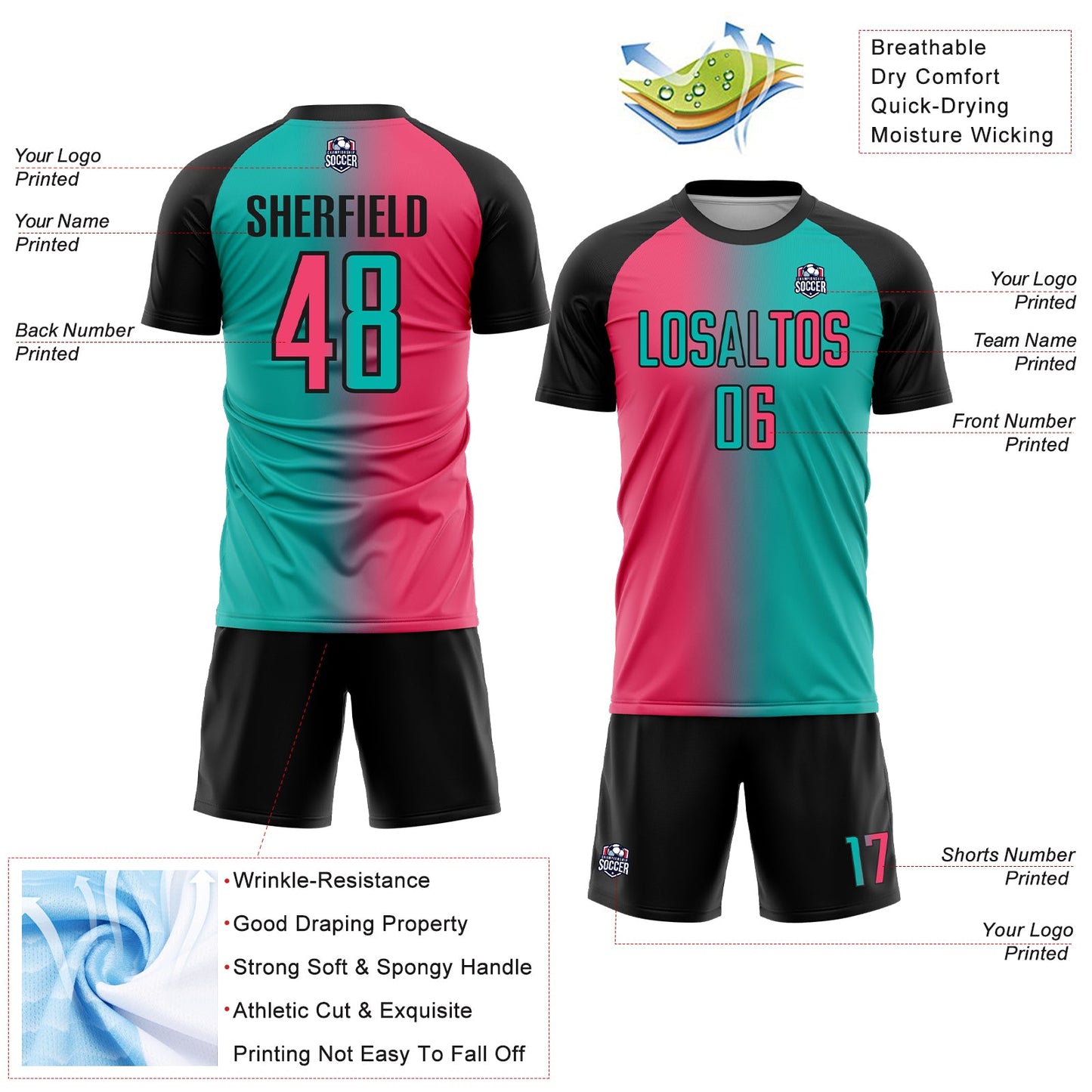 Custom Aqua Neon Pink-Black Sublimation Gradient Fashion Soccer Uniform Jersey view 4