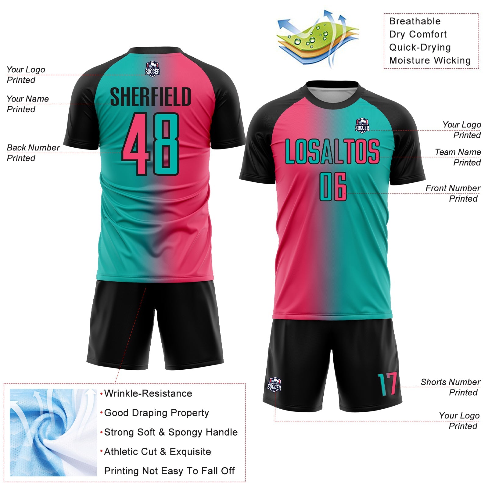 Custom Aqua Neon Pink-Black Sublimation Gradient Fashion Soccer Uniform Jersey view 4