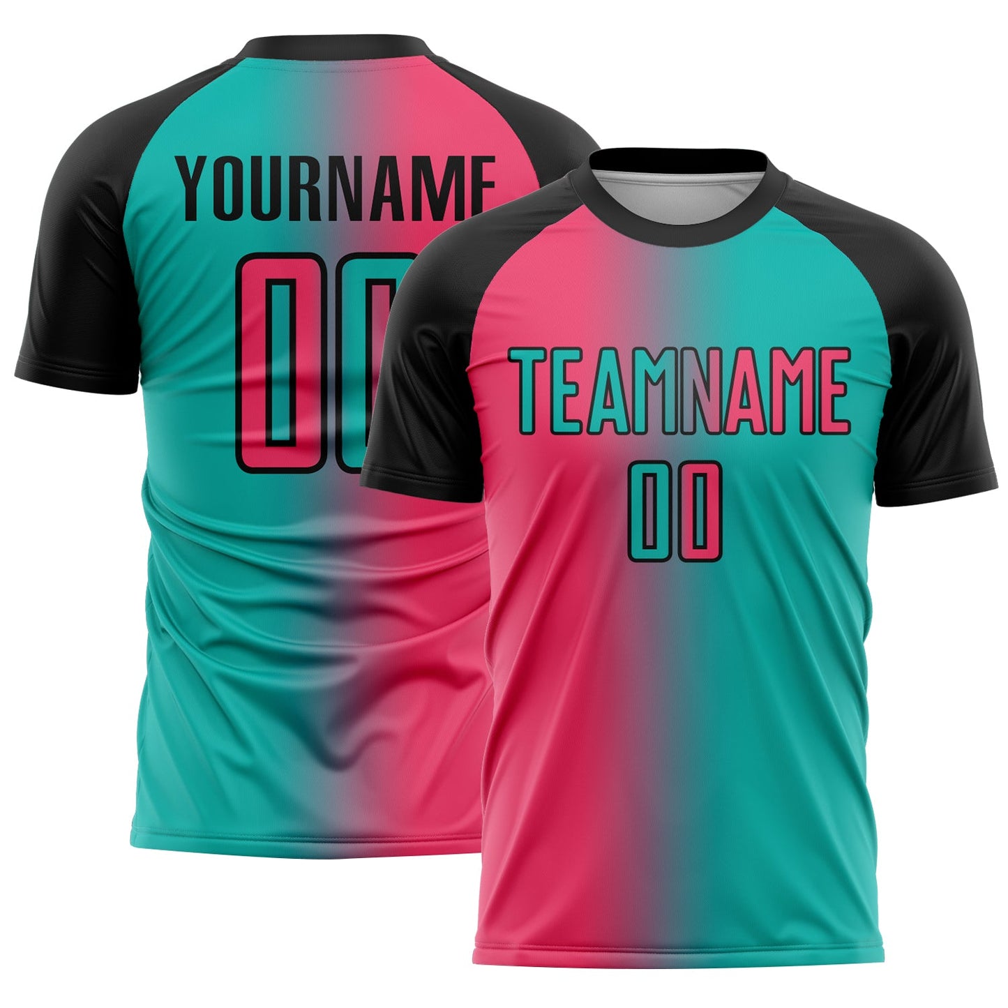 Custom Aqua Neon Pink-Black Sublimation Gradient Fashion Soccer Uniform Jersey - Main View