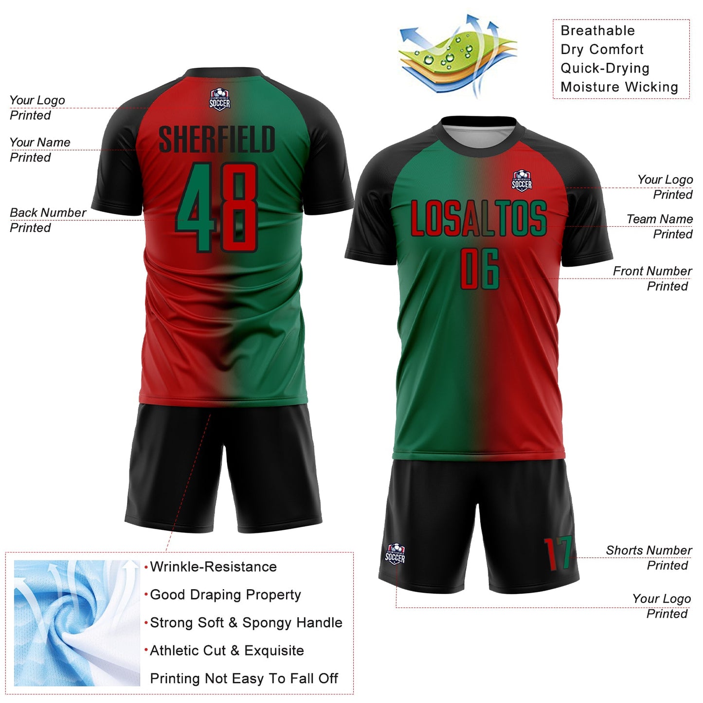 Custom Red Kelly Green-Black Sublimation Gradient Fashion Soccer Uniform Jersey view 4