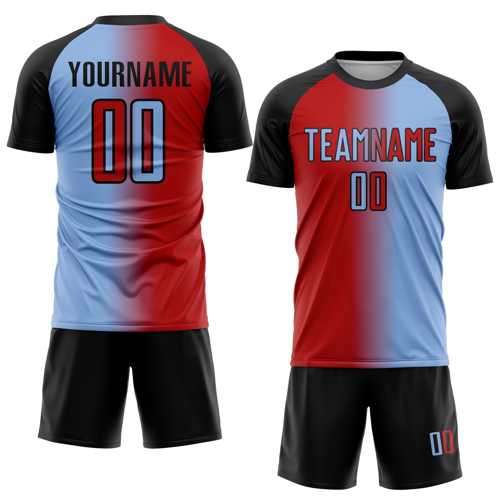 Custom Light Blue Red-Black Sublimation Gradient Fashion Soccer Uniform Jersey view 2
