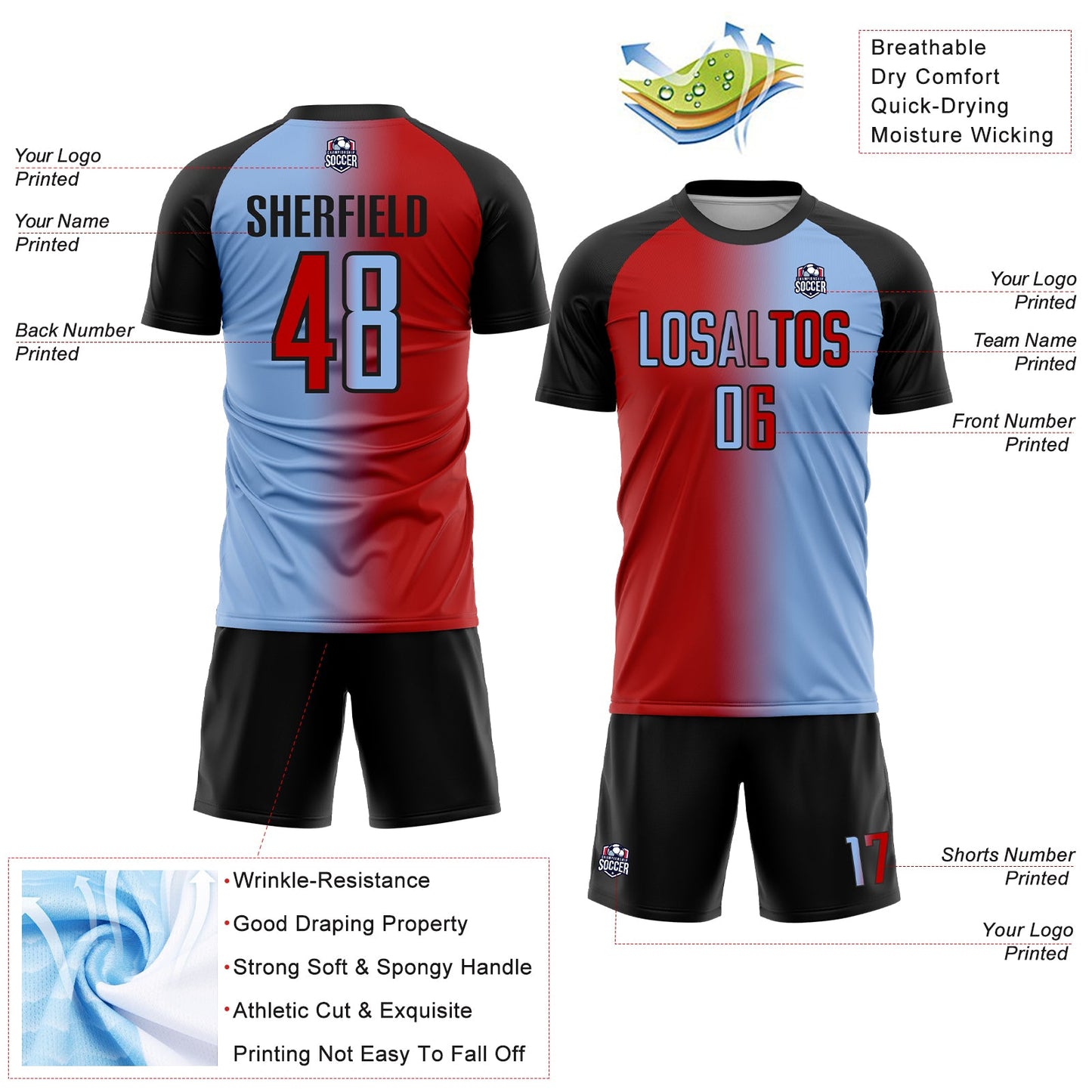 Custom Light Blue Red-Black Sublimation Gradient Fashion Soccer Uniform Jersey view 4