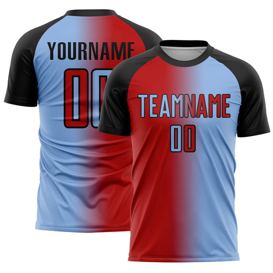 Custom Light Blue Red-Black Sublimation Gradient Fashion Soccer Uniform Jersey - Main View