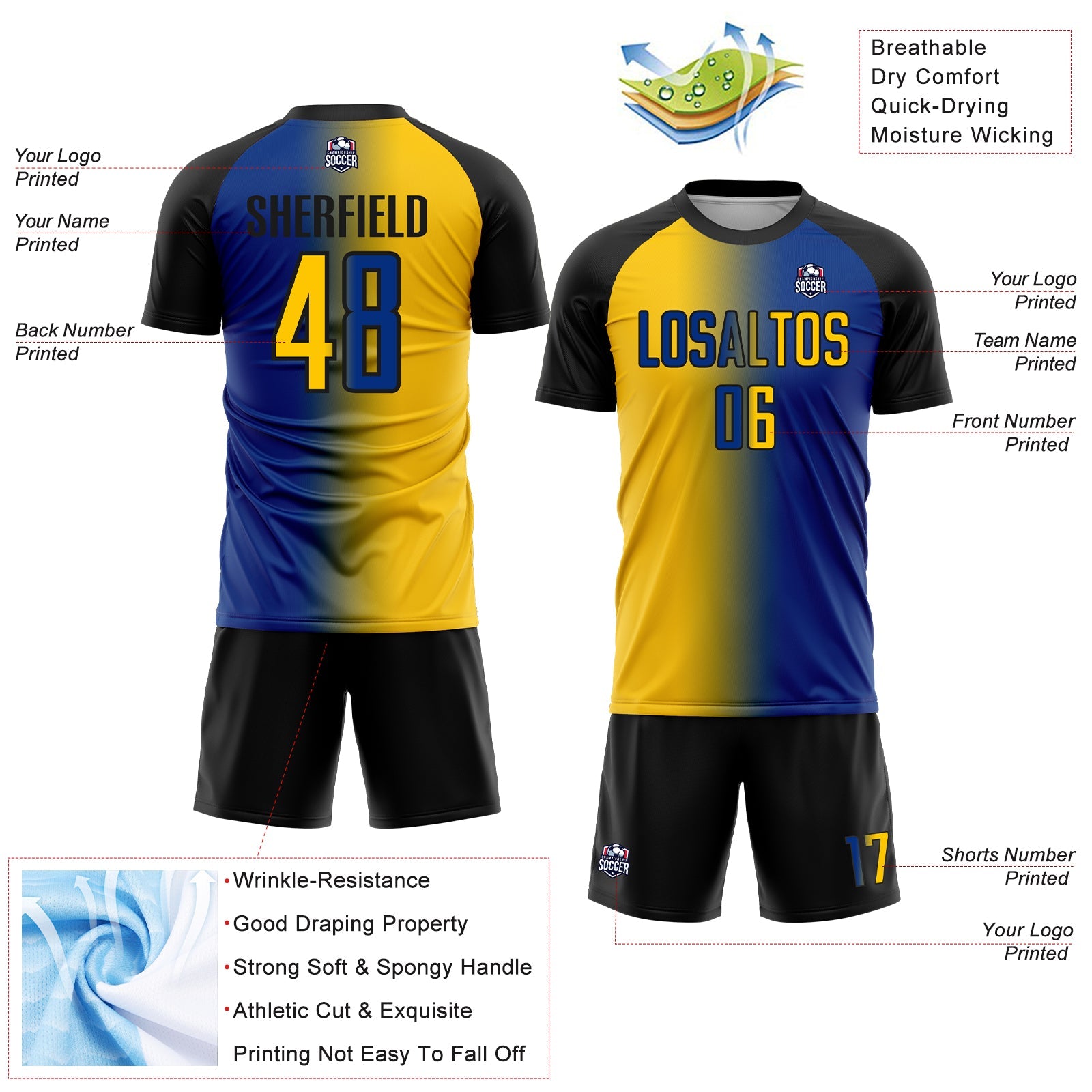 Custom Royal Yellow-Black Sublimation Gradient Fashion Soccer Uniform Jersey view 4