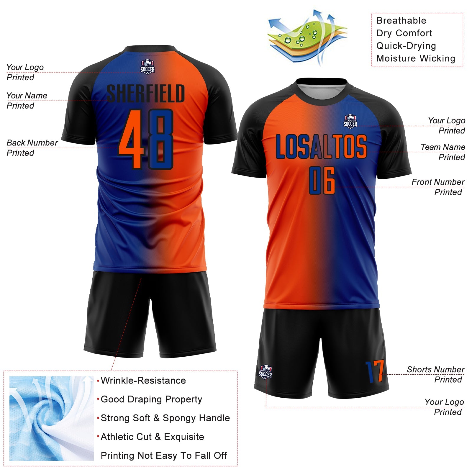 Custom Royal Orange-Black Sublimation Gradient Fashion Soccer Uniform Jersey view 4