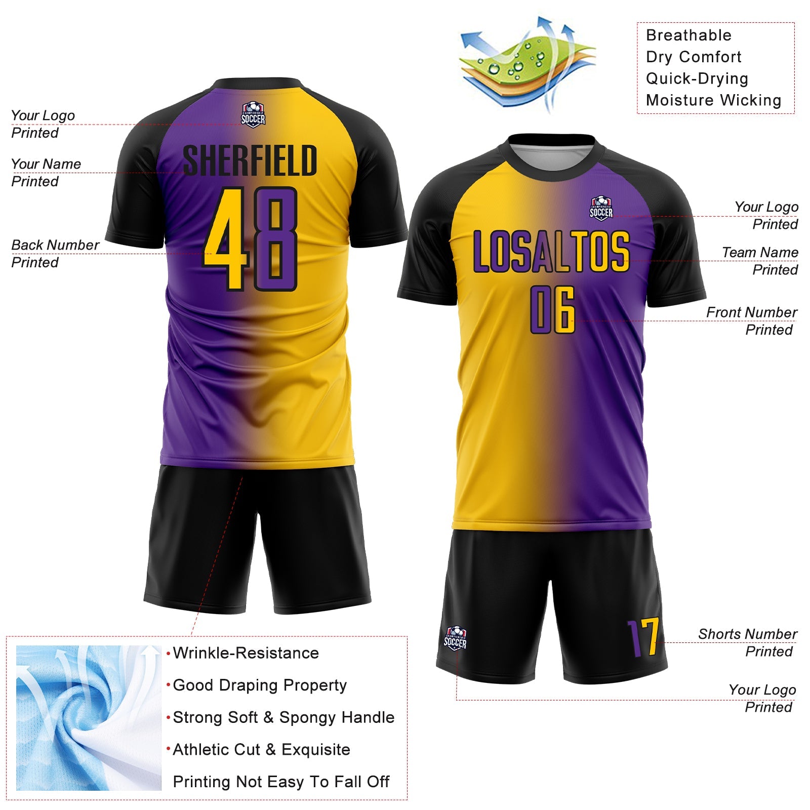 Custom Purple Yellow-Black Sublimation Gradient Fashion Soccer Uniform Jersey view 4
