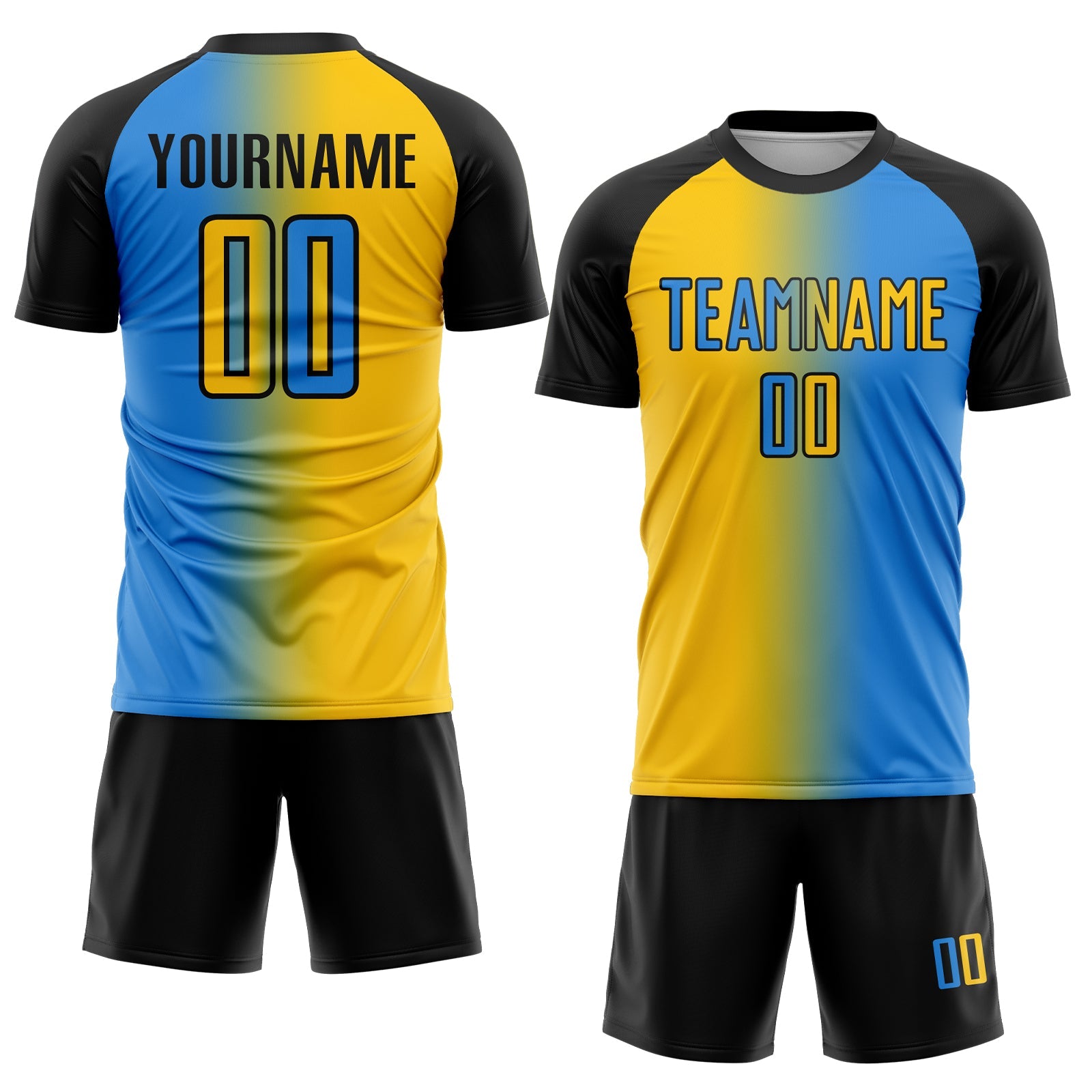Custom Powder Blue Yellow-Black Sublimation Gradient Fashion Soccer Uniform Jersey view 2